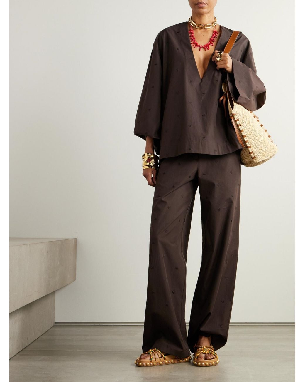The Attico Brown Embroidered Cotton-Blend Poplin Blouse
