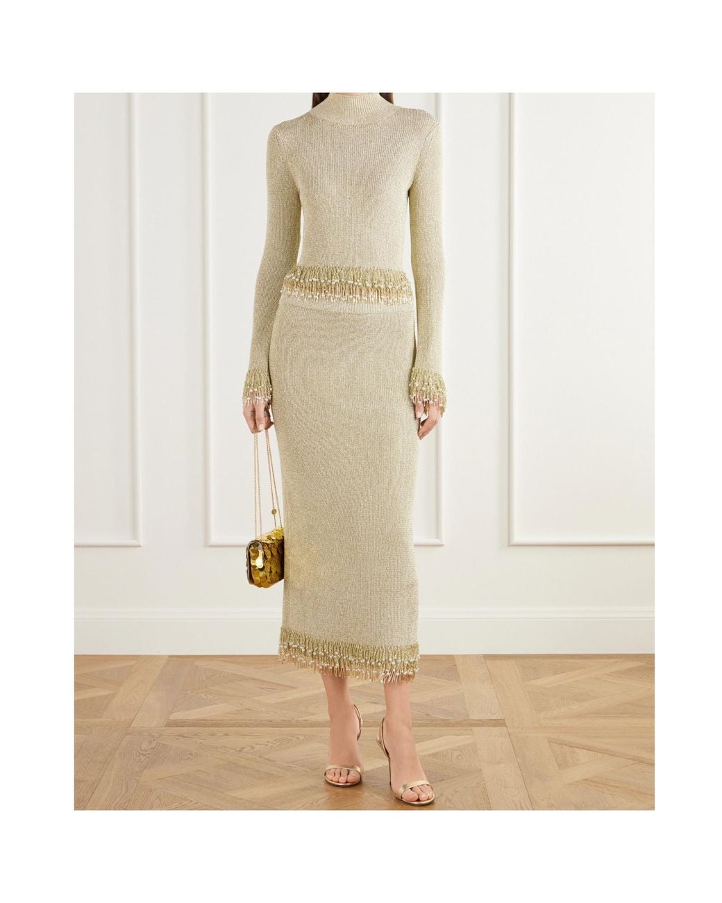 Jonathan Simkhai Natural Zeni Beaded-Trim Tweed Midi Skirt