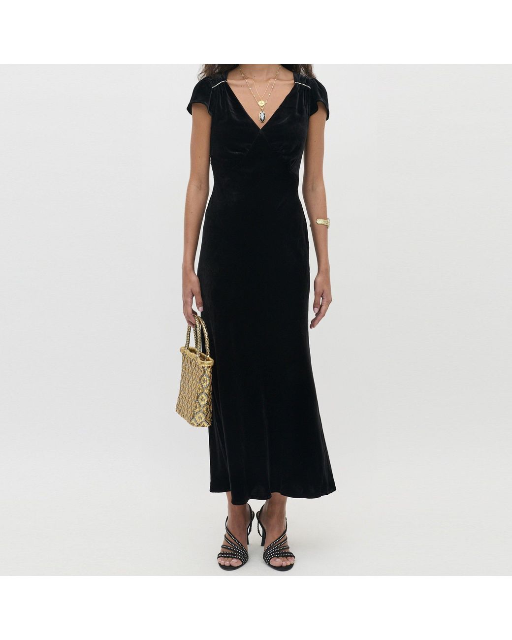 Rixo Black V-Neck Velvet Midi Dress