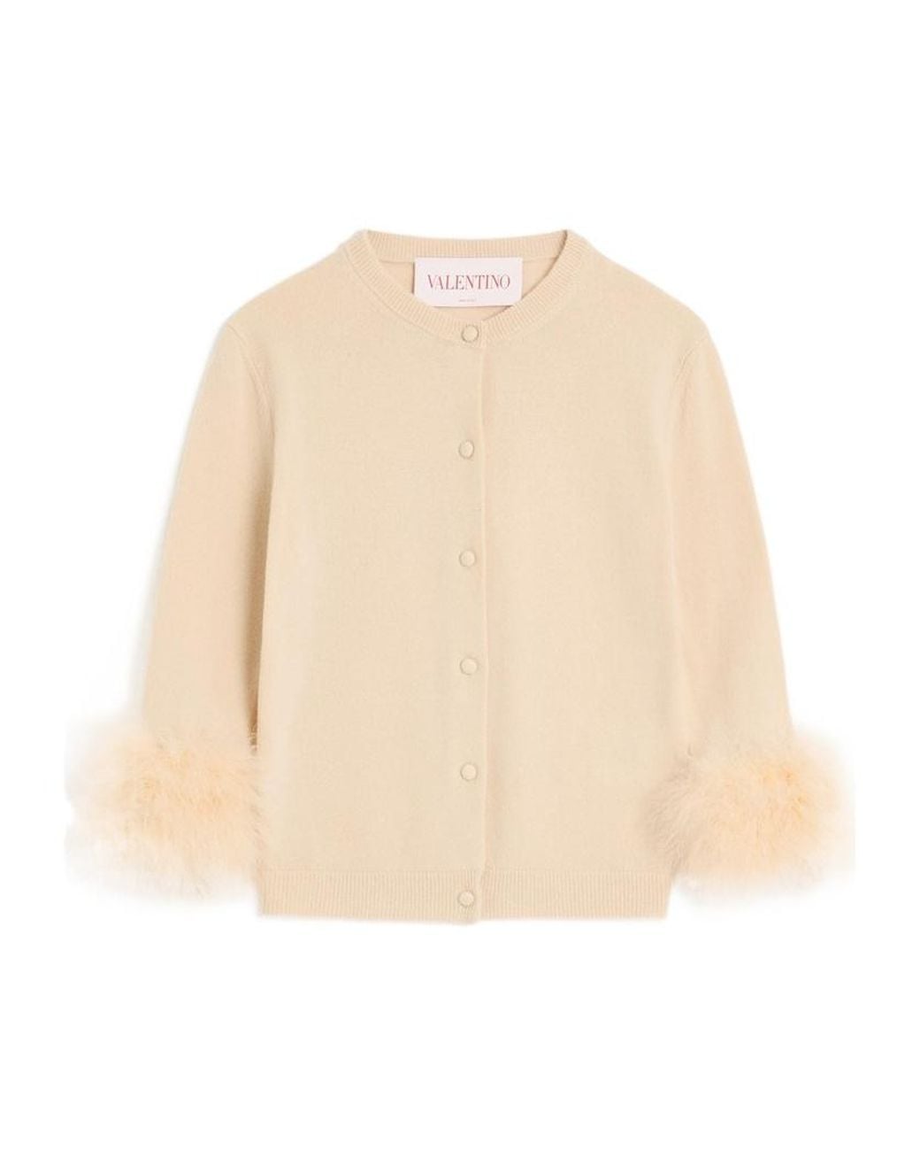 Valentino Natural Feather-Cuff Button-Up Cardigan