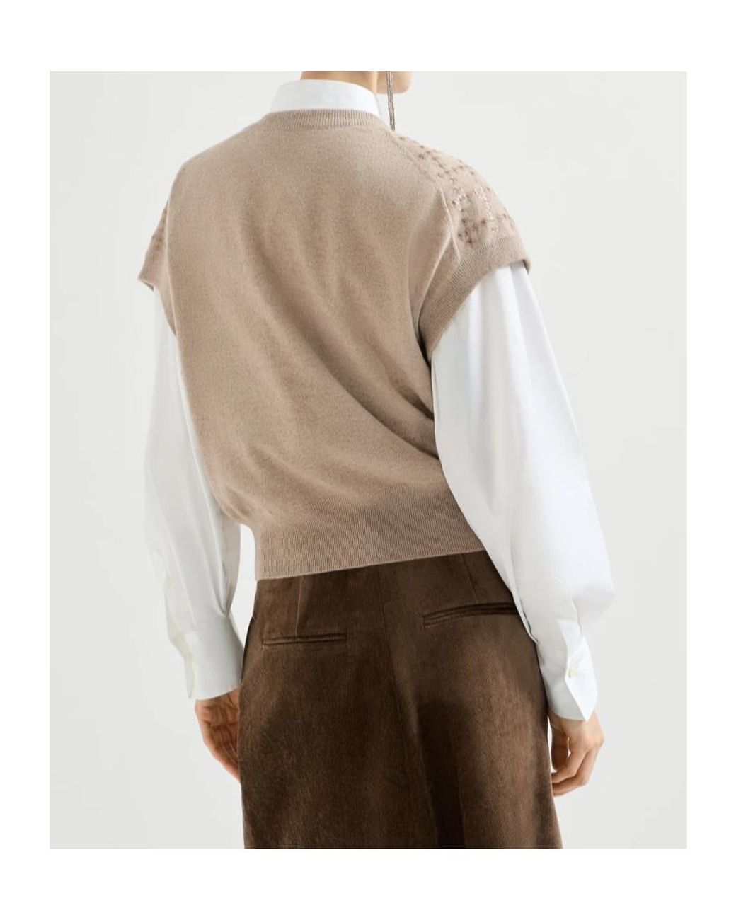 Brunello Cucinelli White Cashmere Knit T-Shirt With Dazzling Windowpane Embroidery