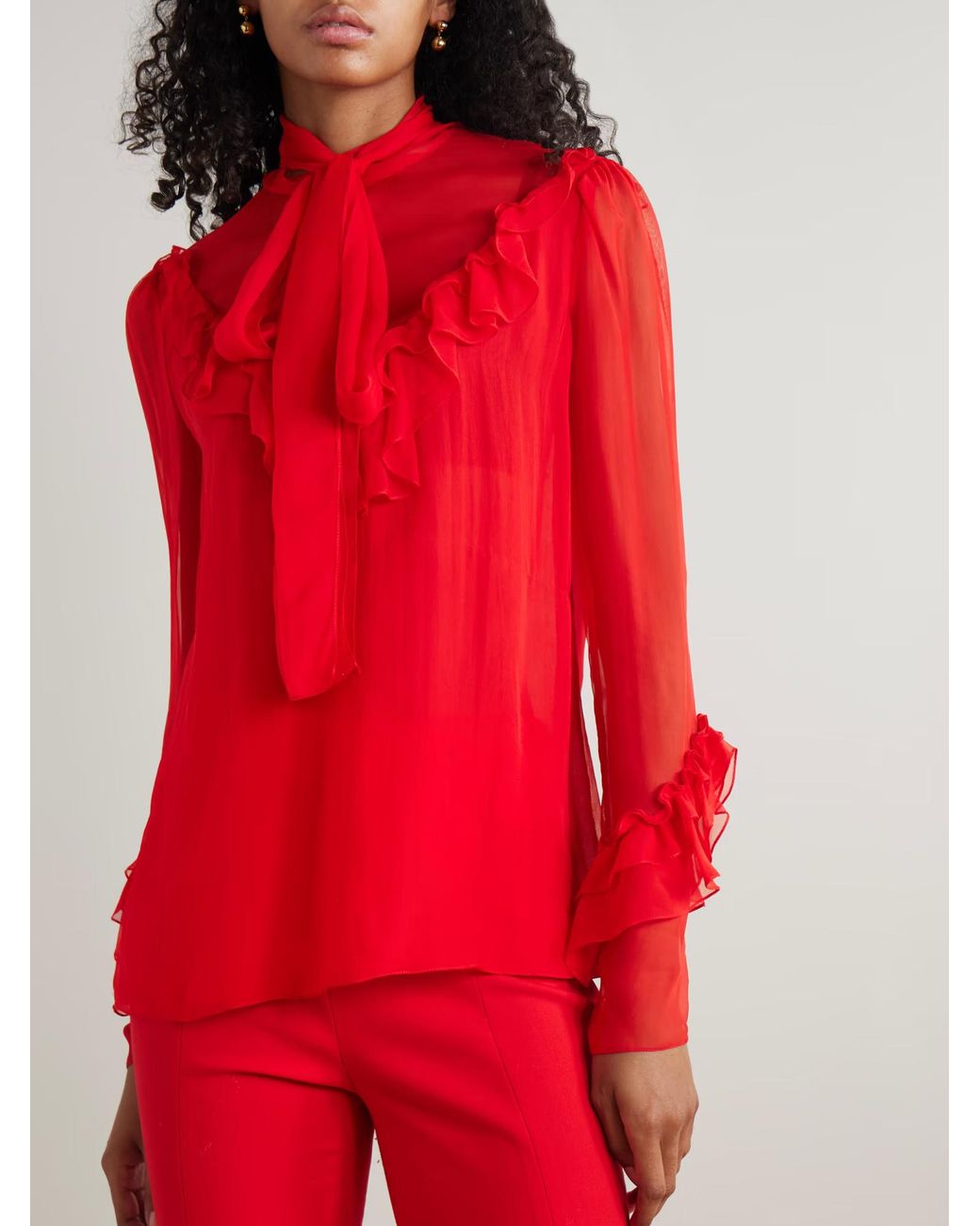 Carolina Herrera Red Tie-Collar Ruffle Shirt