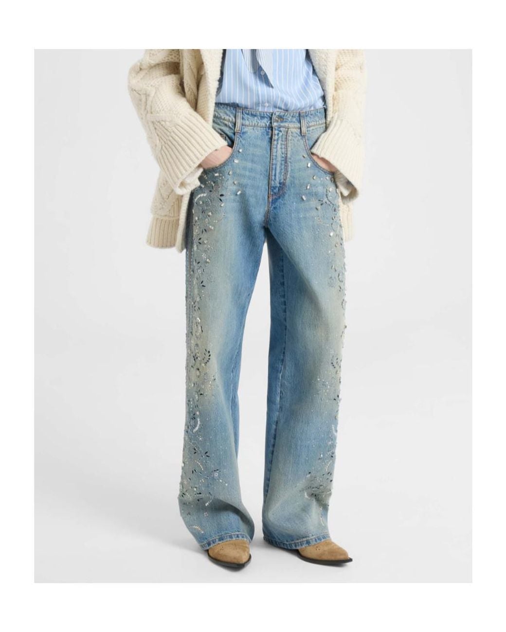 Ermanno Scervino Blue Couture Baggy Jeans With Embroidery And Crystals