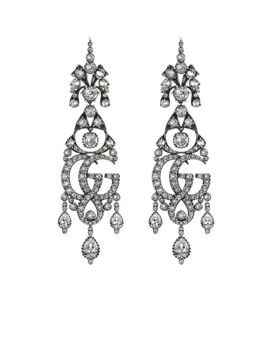 Gucci White Gg Marmont Crystal Chandelier Earrings