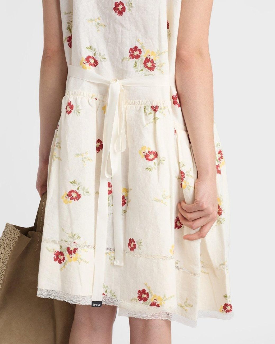 Prada Natural Embroidered Linen Mini-Dress With Floral Motif