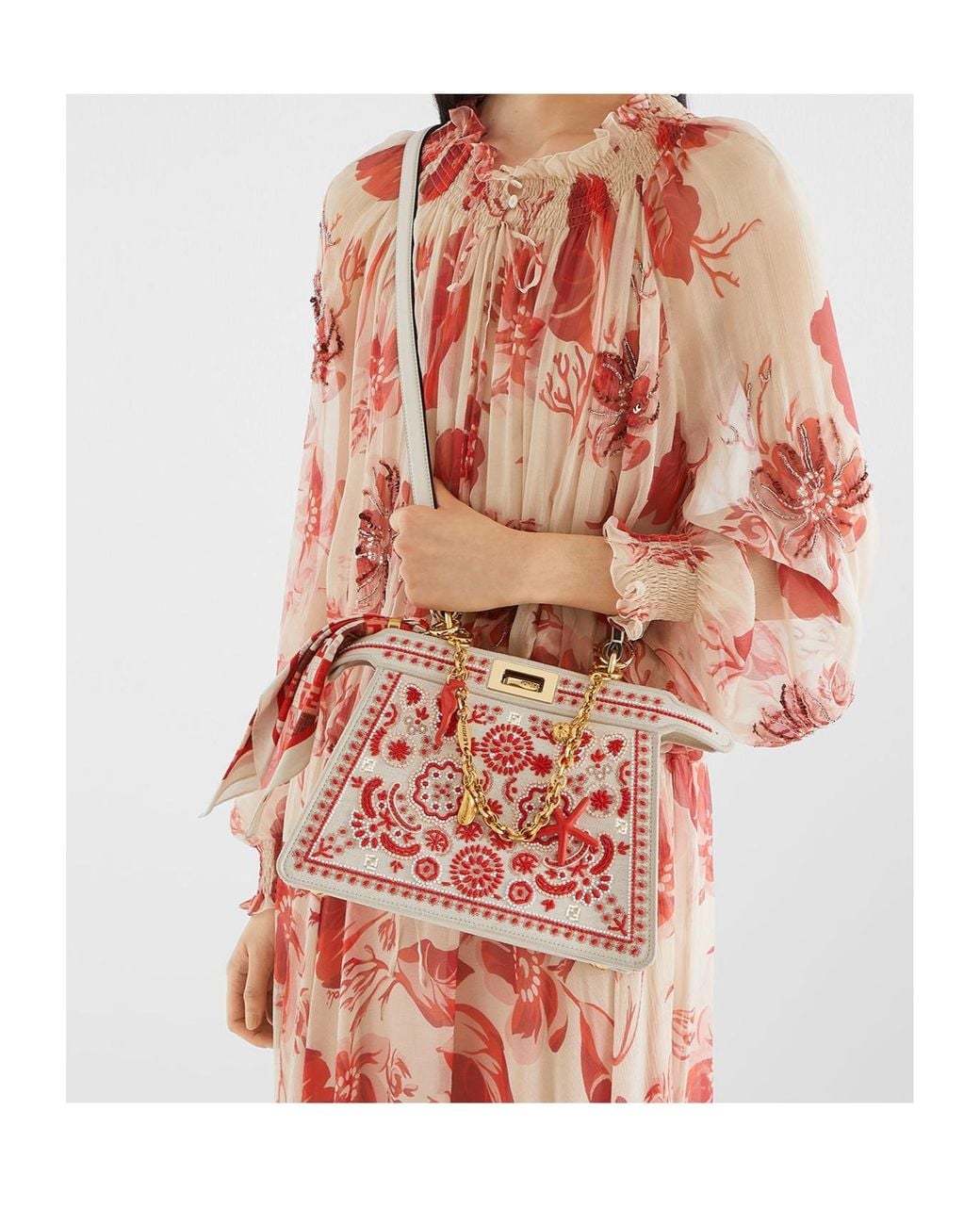 Fendi Red Canvas Bag With Coral Bandana Embroidery