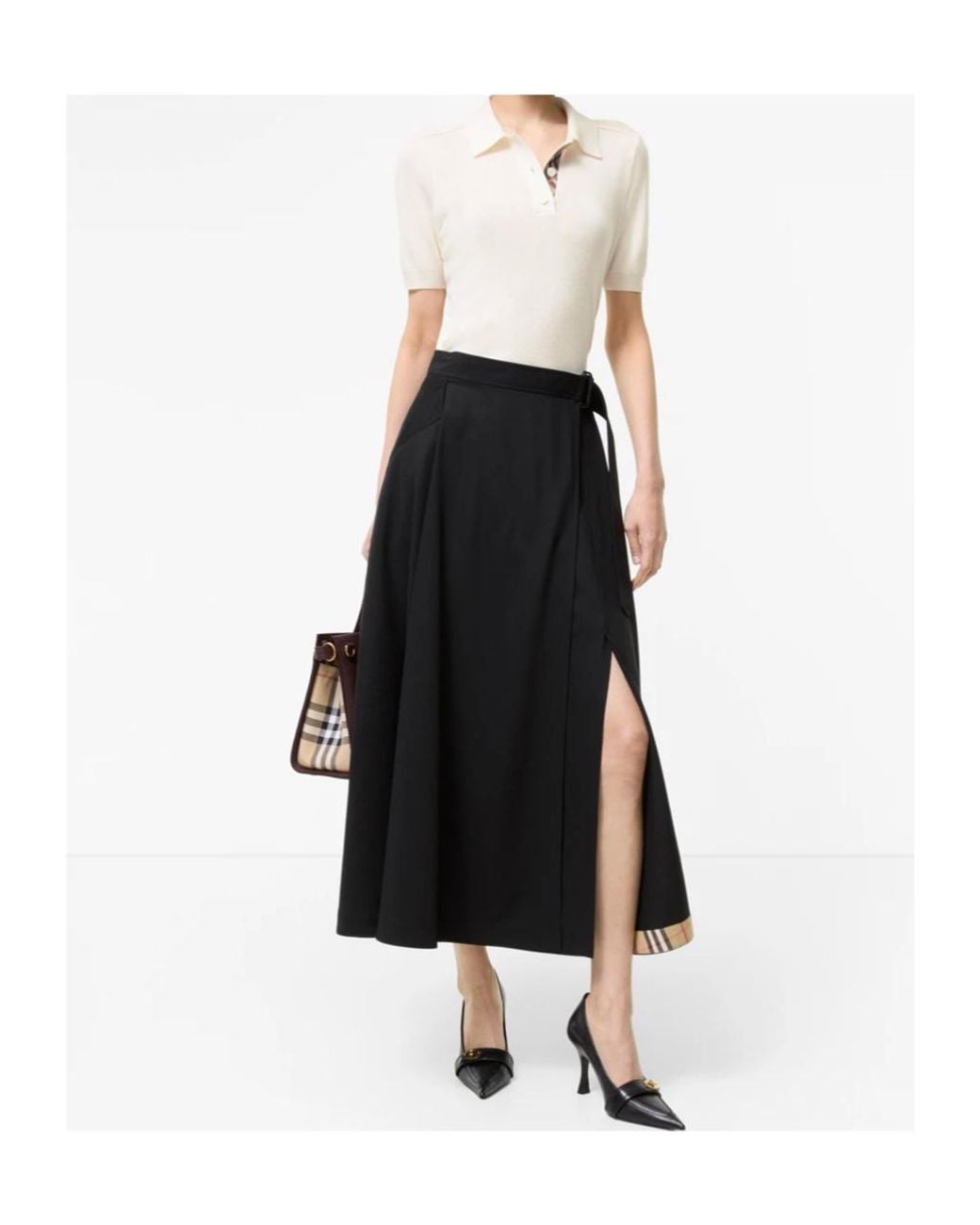 Burberry Black Wool Belted Midi Skirt