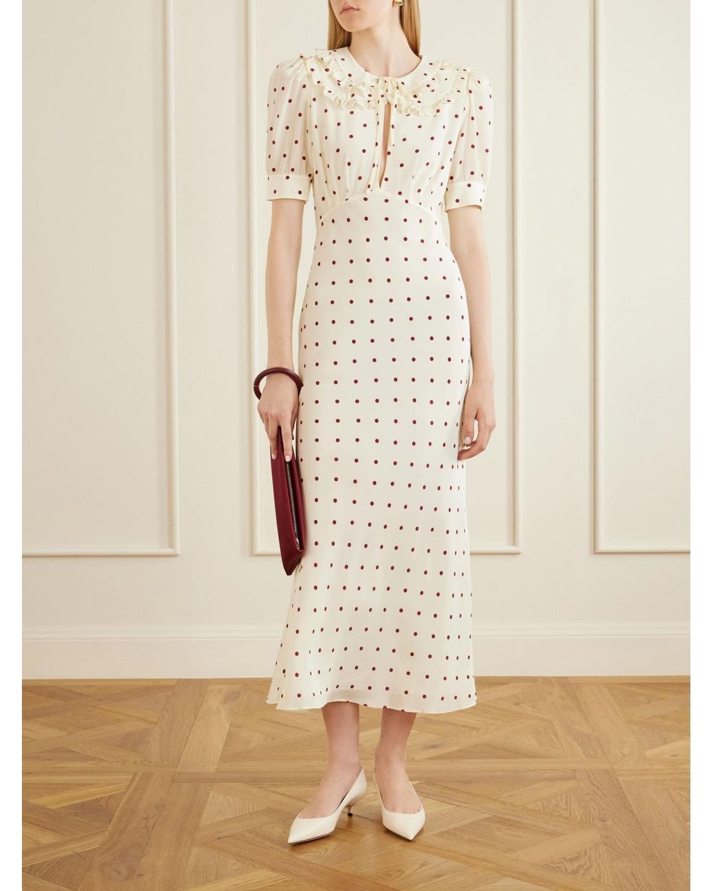 Alessandra Rich White Ruffled Polka-Dot Silk Midi Dress