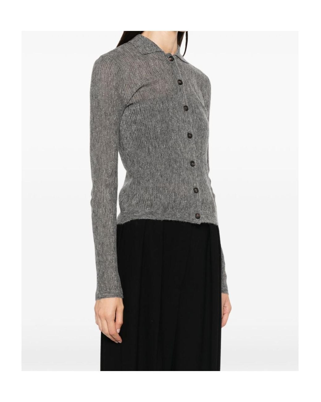 Brunello Cucinelli Gray Ribbed-Knit Button-Up Cardigan