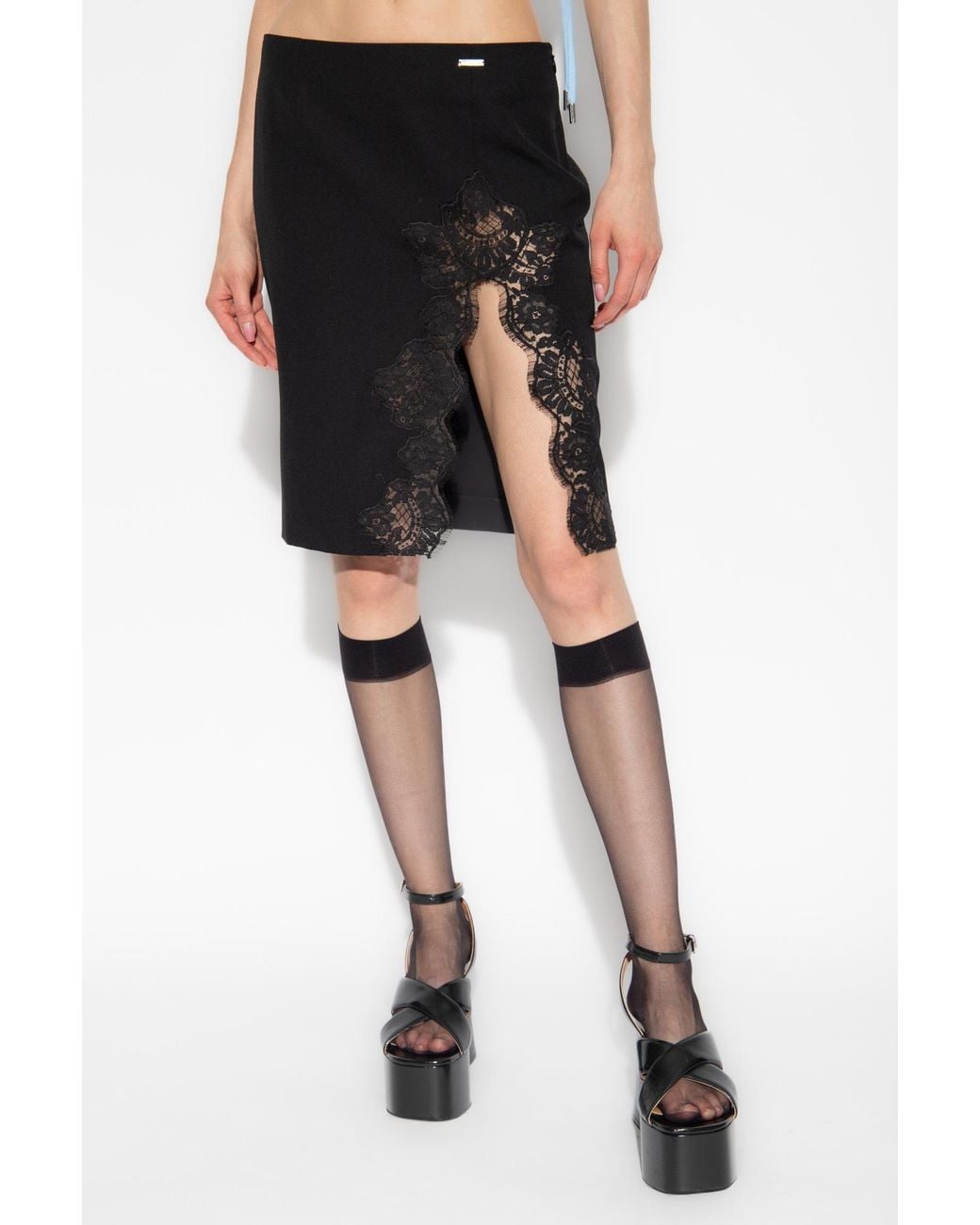 DSquared² Black Lace-Detailed Front-Slit Skirt