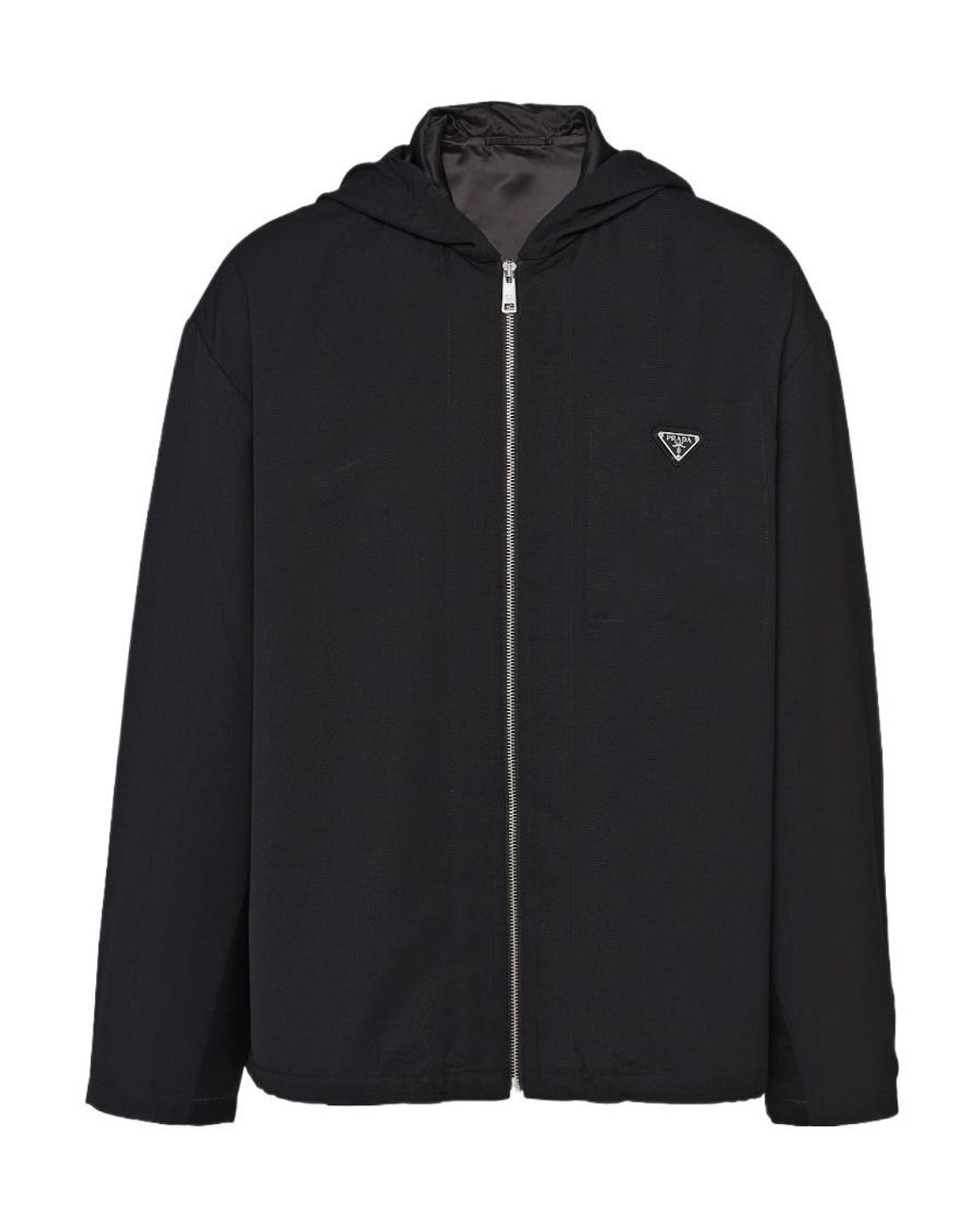 Prada Black Logo Plaque Zip-Up Drawstring Jacket for men