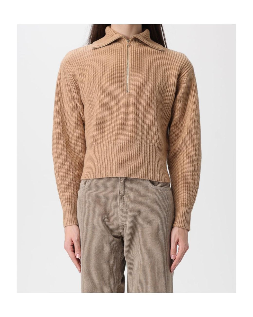 Max Mara Brown Half-Zip Ribbed Knitted Sweater