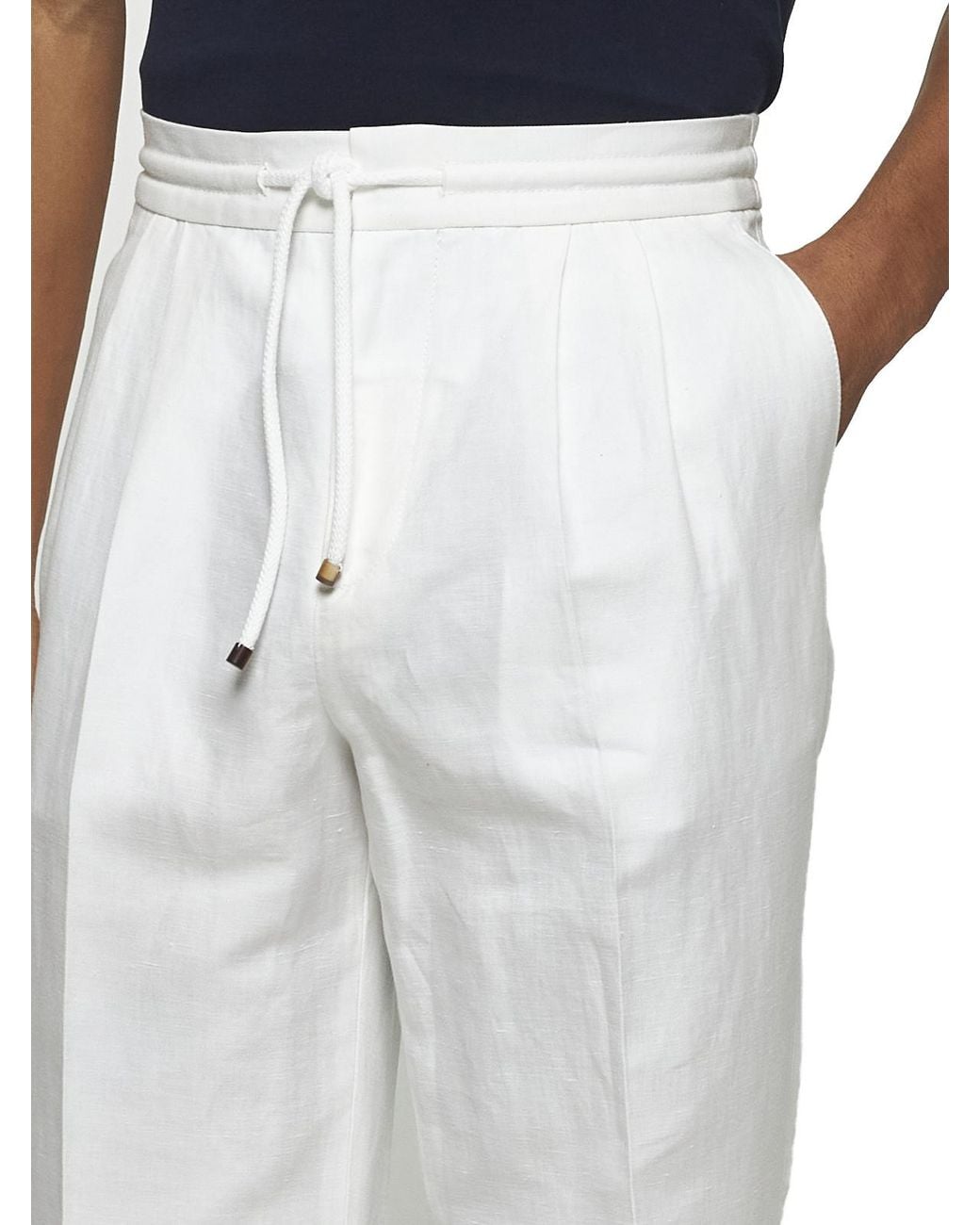 Brunello Cucinelli White Drawstring Tapered Leg Trousers for men