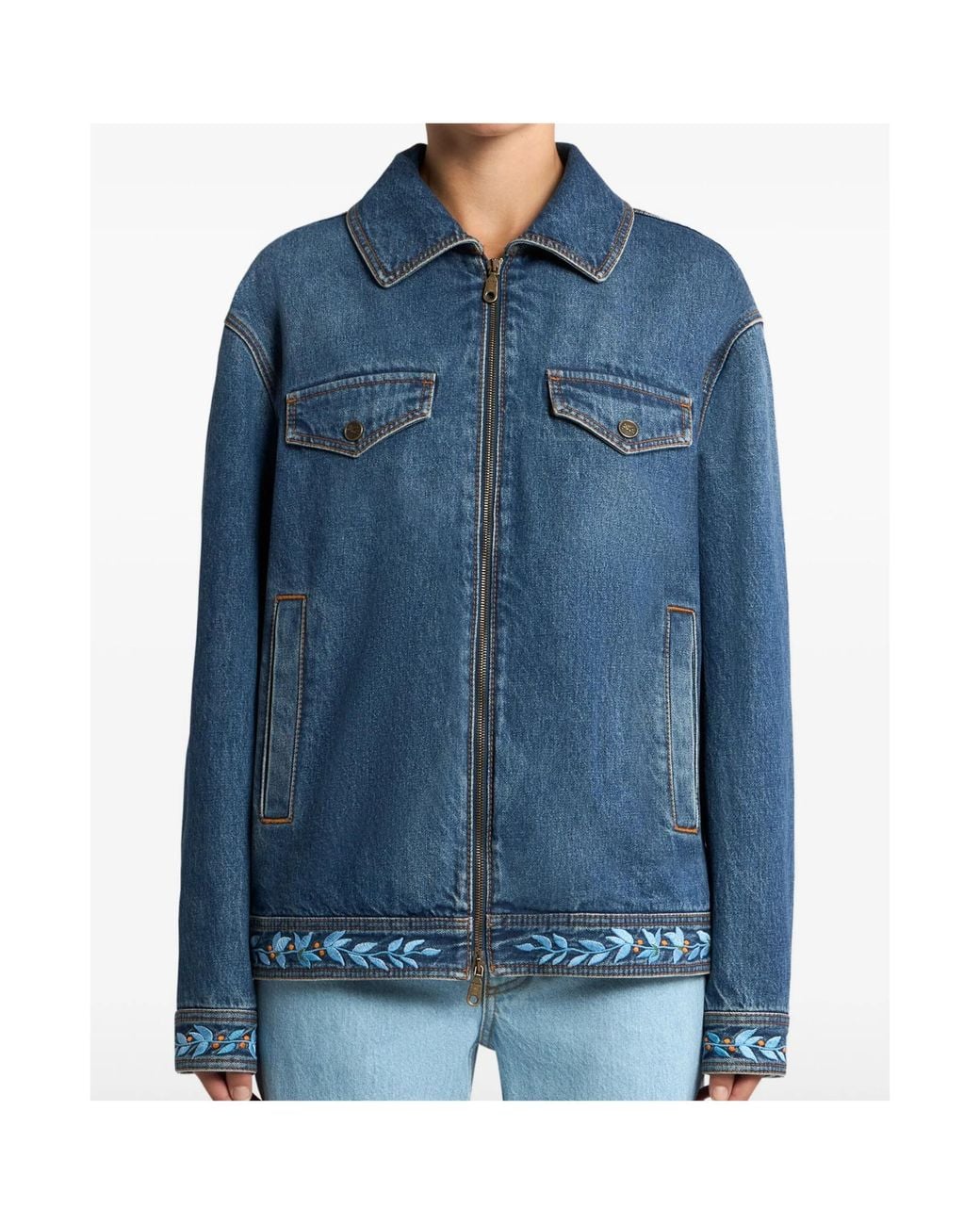 Etro Blue Embroidered Zip Denim Jacket