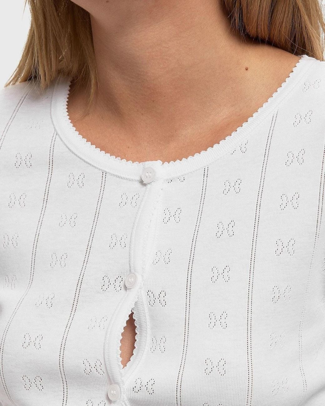 Ganni White Pointelle Knit Round Neck Cardigan