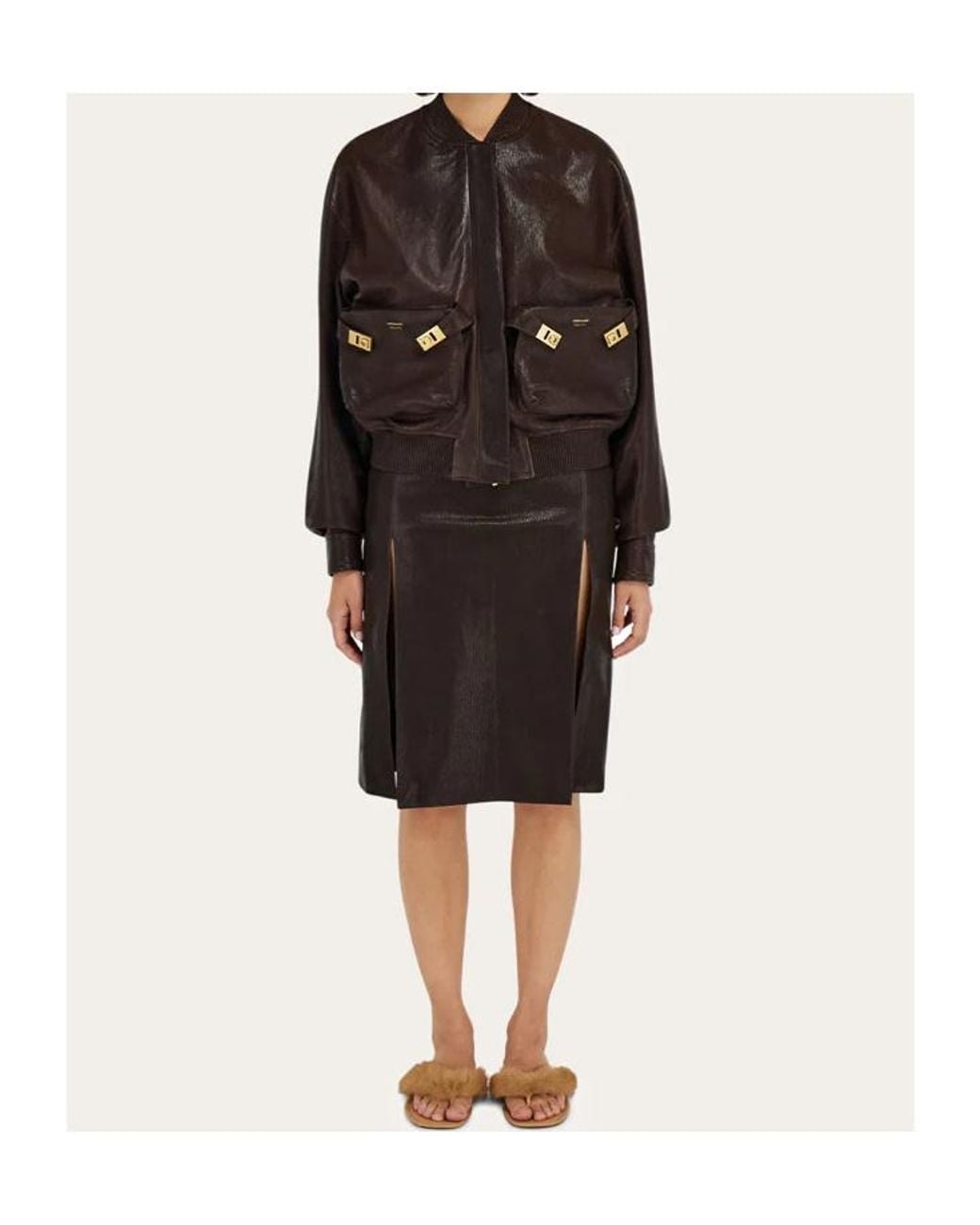 Ferragamo Black Midi Leather Skirt