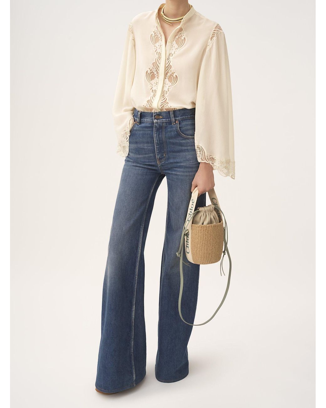 Chloé White Chloé Woody Drawstring Small Basket Bag