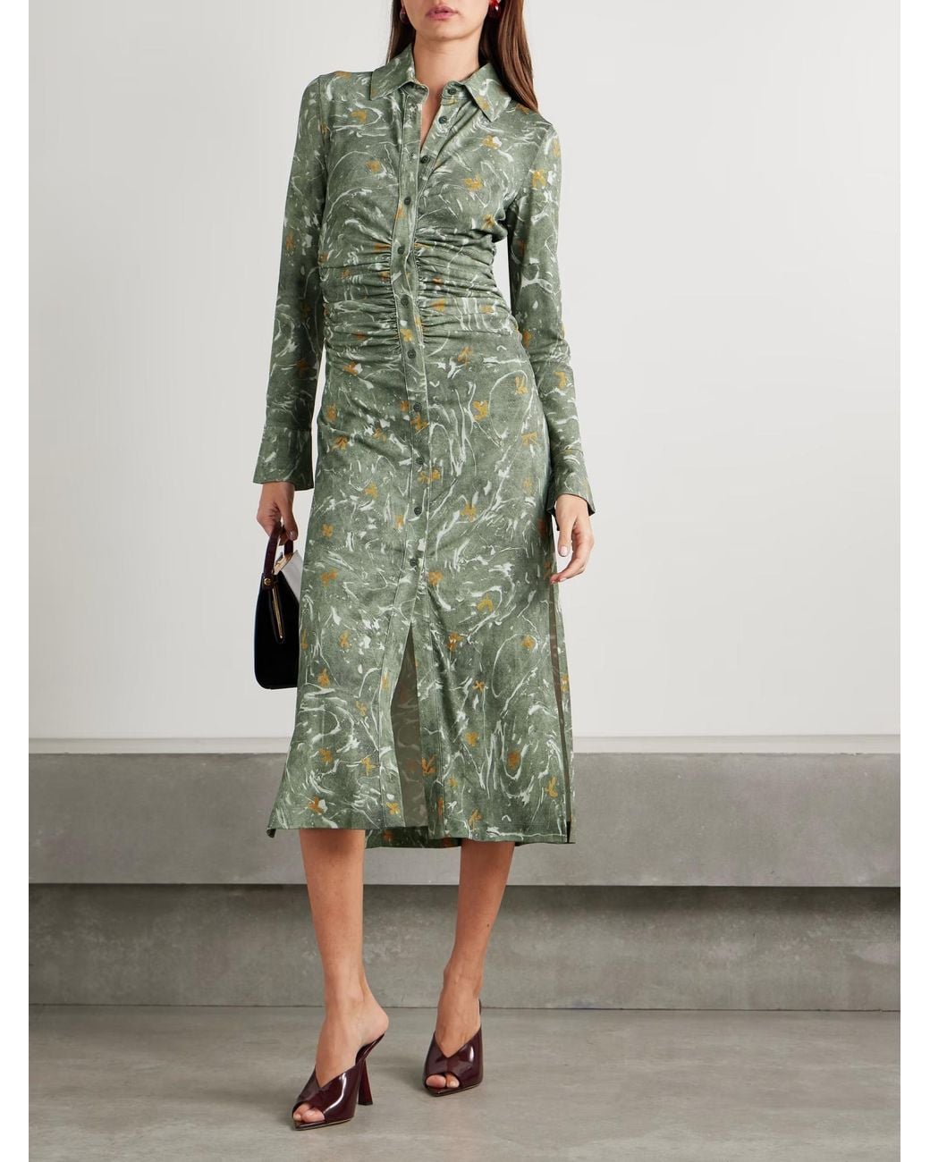 Altuzarra Green Claudia Ruched Floral-Print Crepe-Jersey Midi Dress