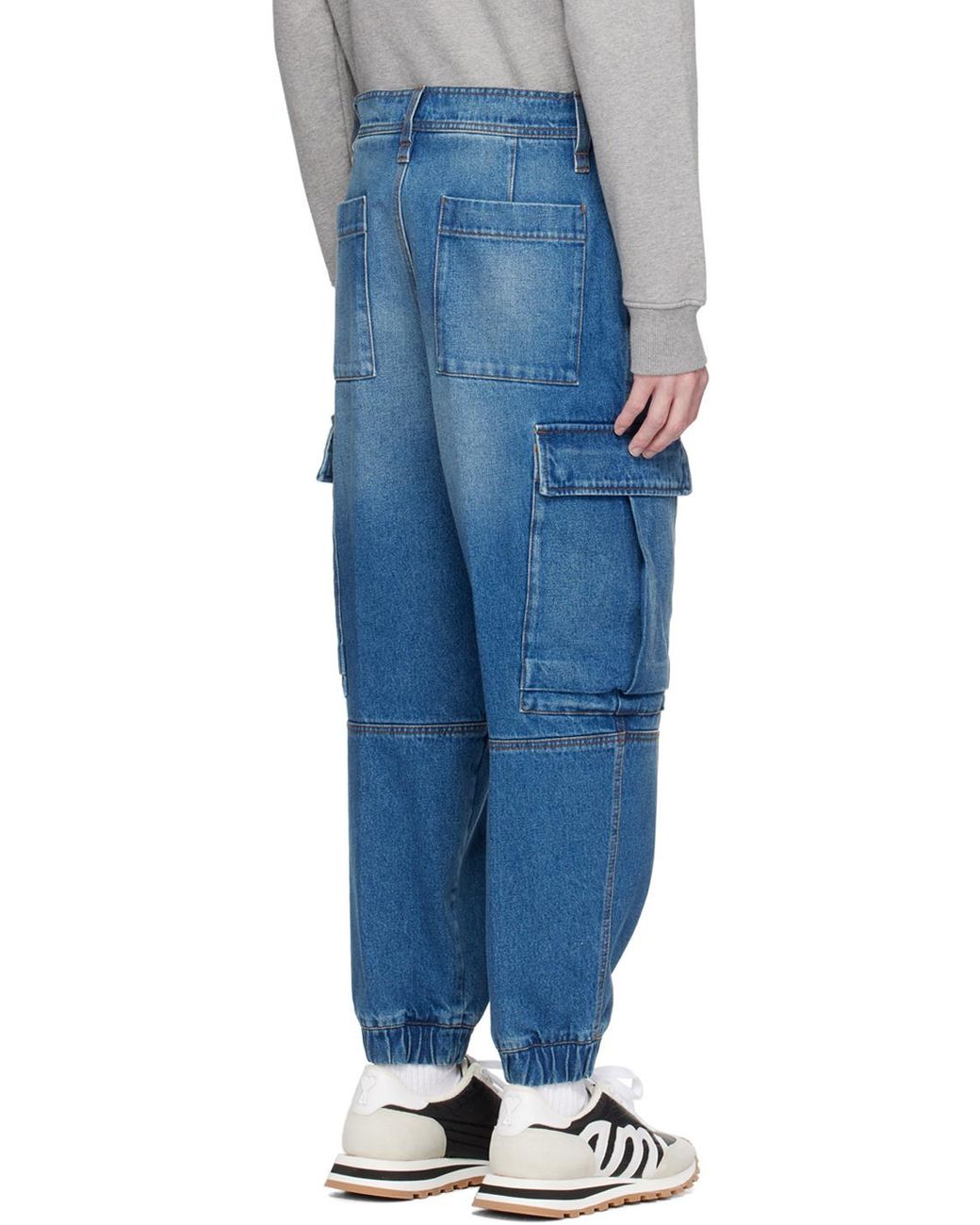 AMI Blue Mid-Wash Denim Cargo Pants for men