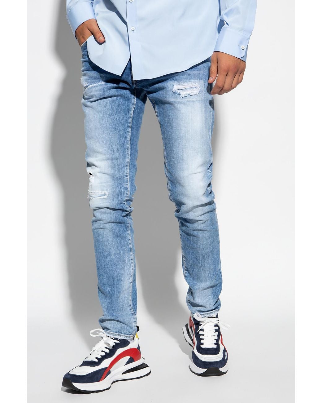 DSquared² Blue Low-Rise Distressed Straight-Leg Jeans for men