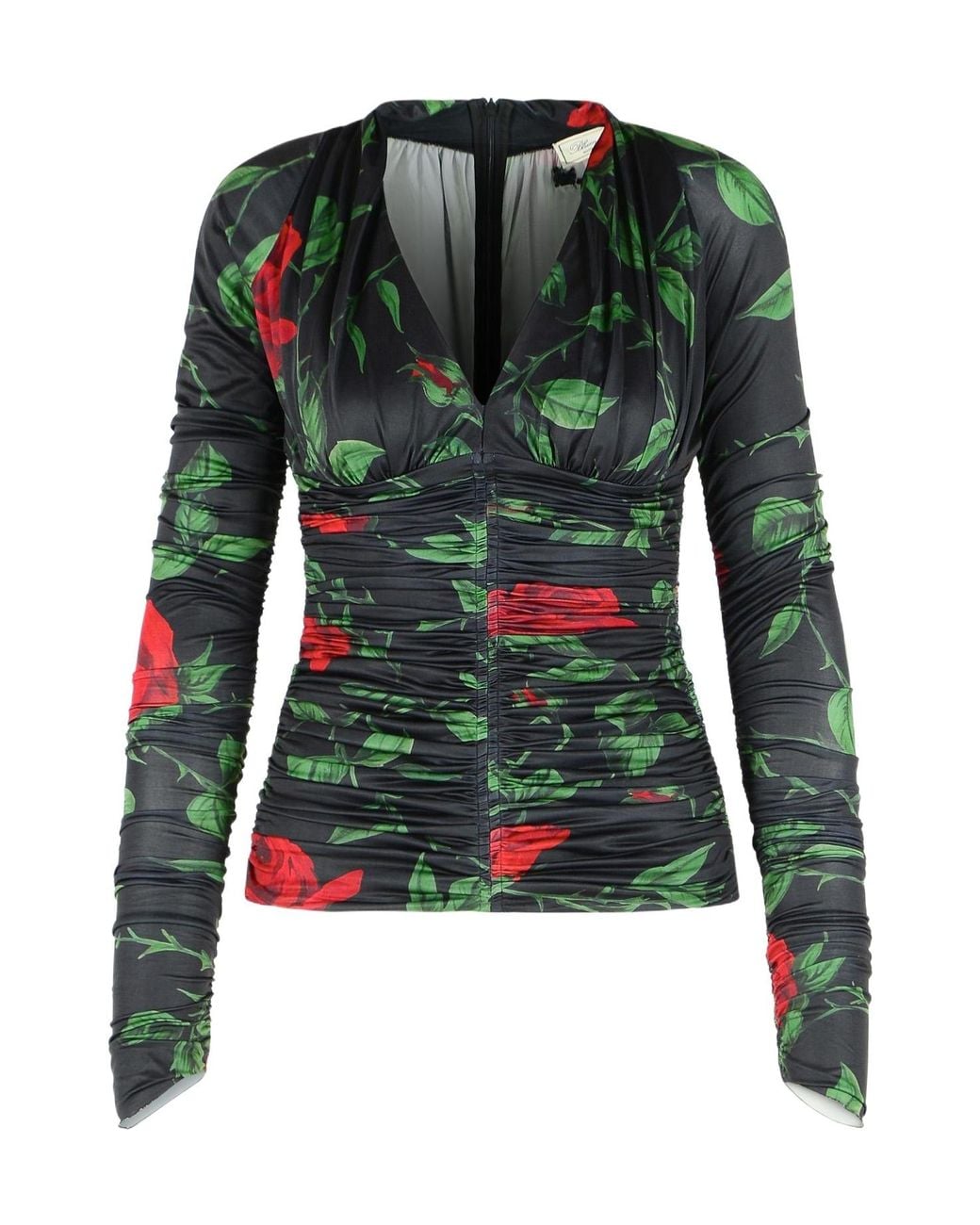 Blumarine Green Fiore Ruched V-Neck Top