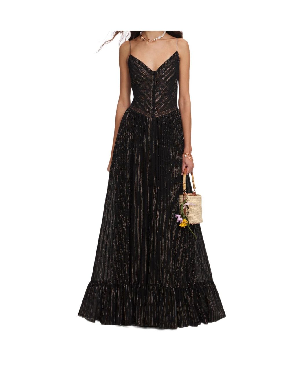 Self-Portrait Black Pleated Lace-Trim Maxi Dress