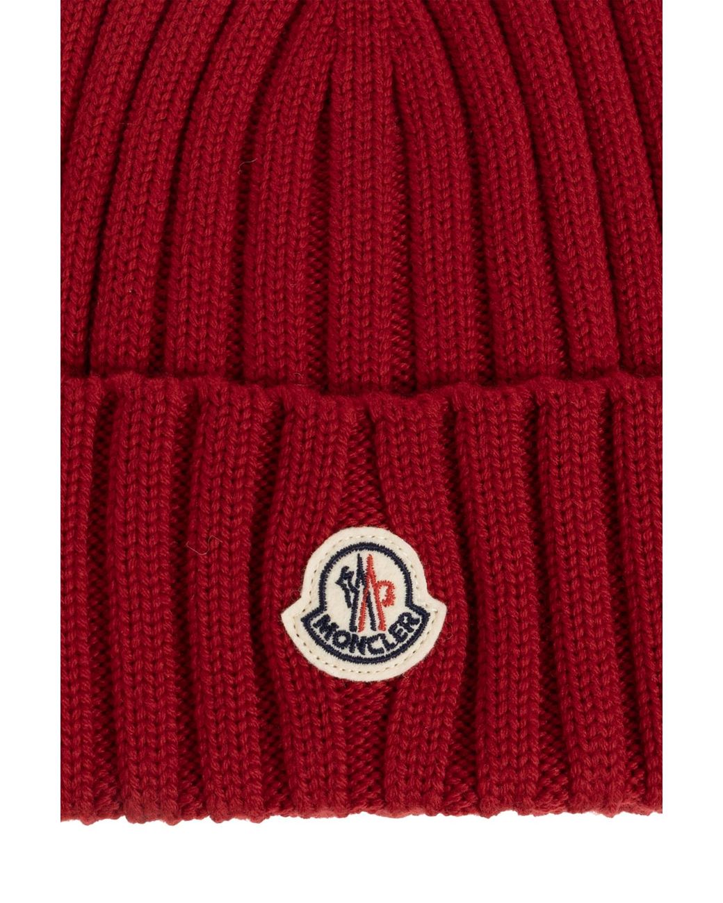 Moncler Red Logo Patch Knitted Beanie Hat