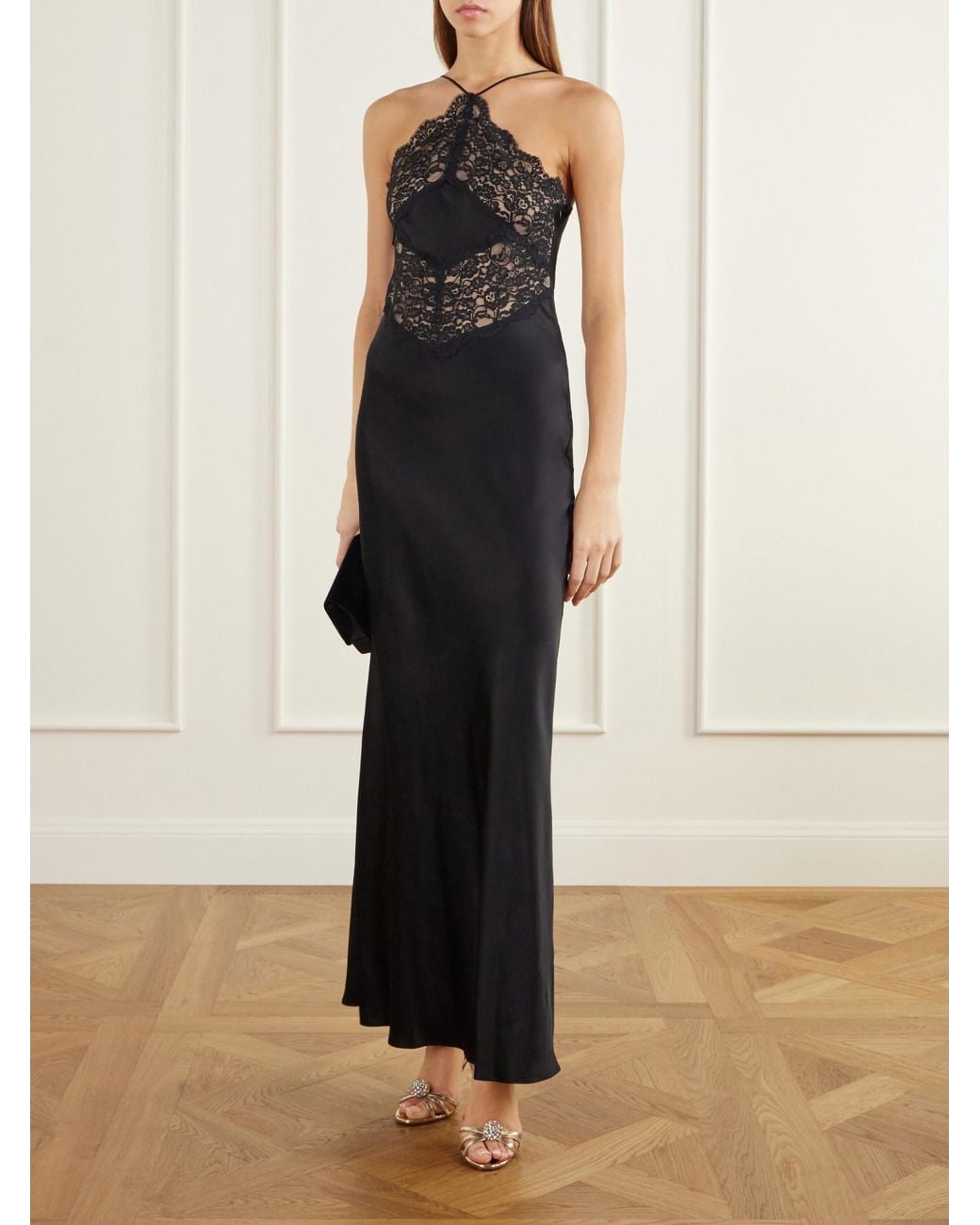 Rodarte Black Lace-Trimmed Silk-Satin Maxi Dress