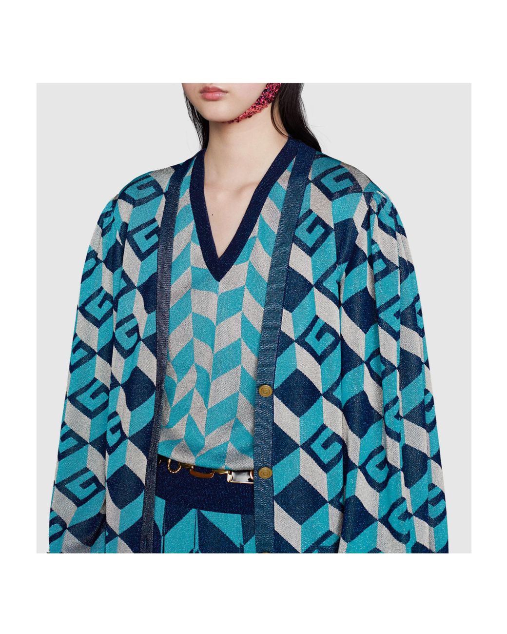 Gucci Blue Geometric G Lamé Jacquard Cardigan