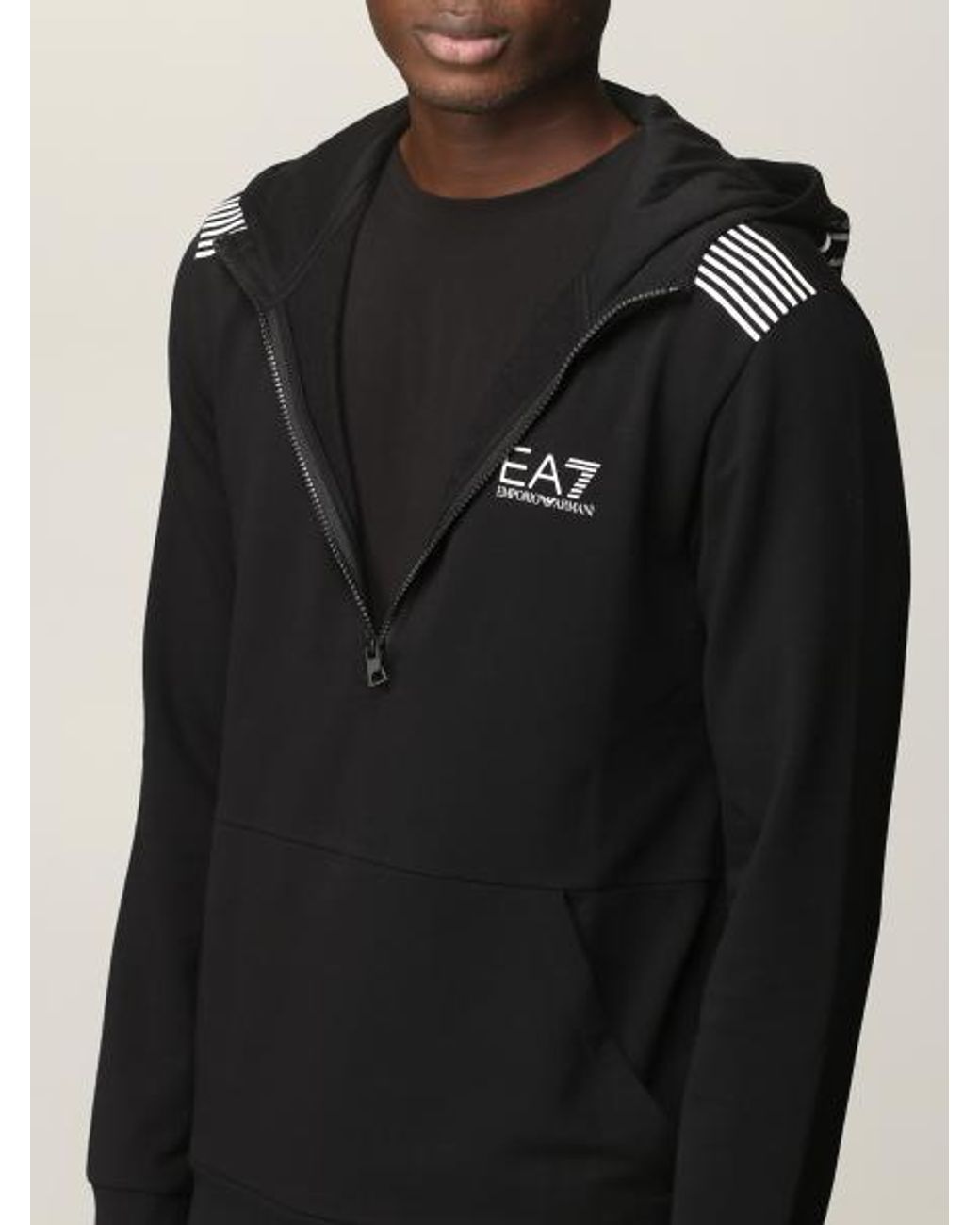 EA7 Black Logo Print Long-Sleeve Hooded Sweatshirt for men