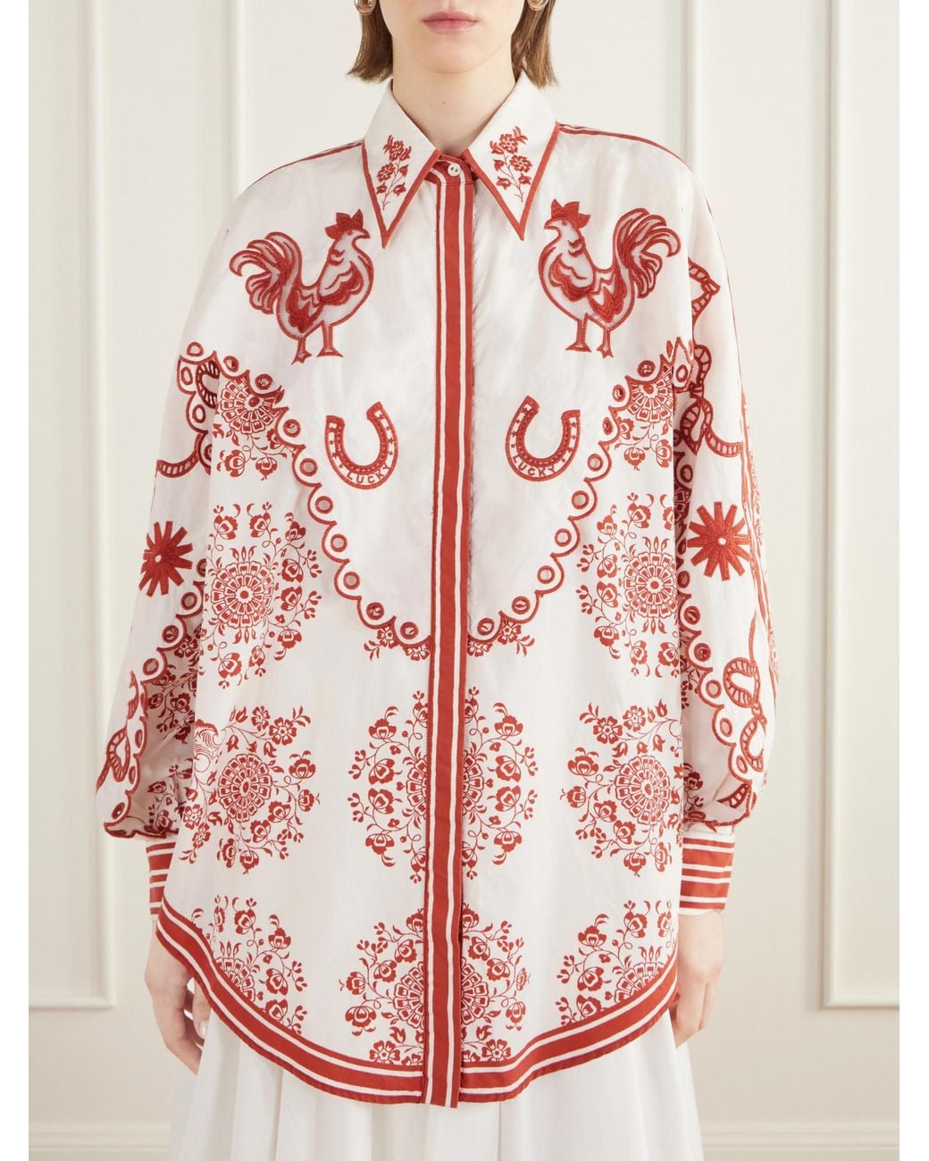 ALÉMAIS Scalloped Embroidered Printed Cotton-Poplin Shirt