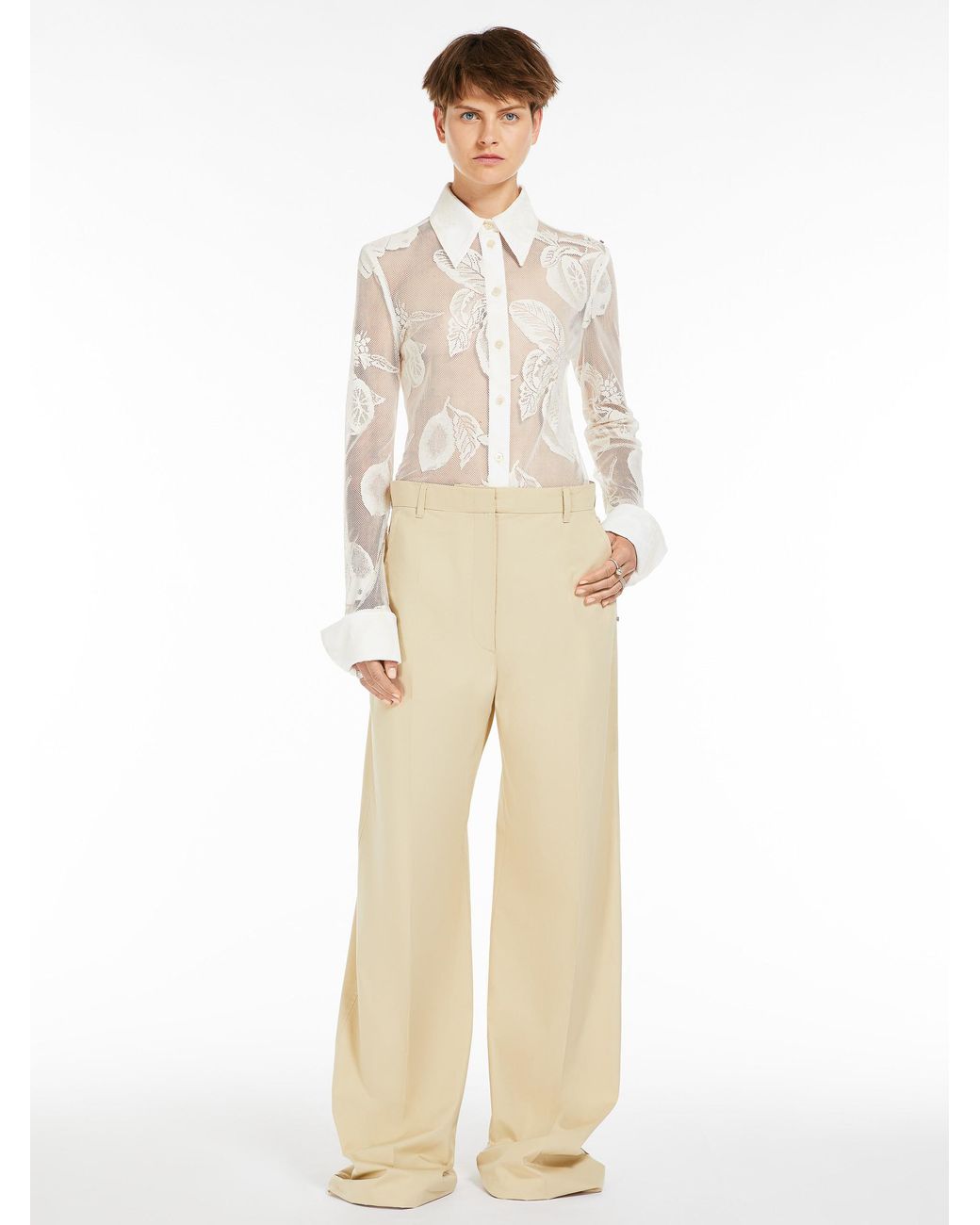 Sportmax White Lace Detailed Long-Sleeved Top