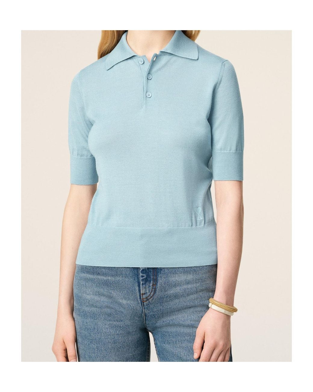 AMI Blue Short Sleeved Knitted Polo Shirt