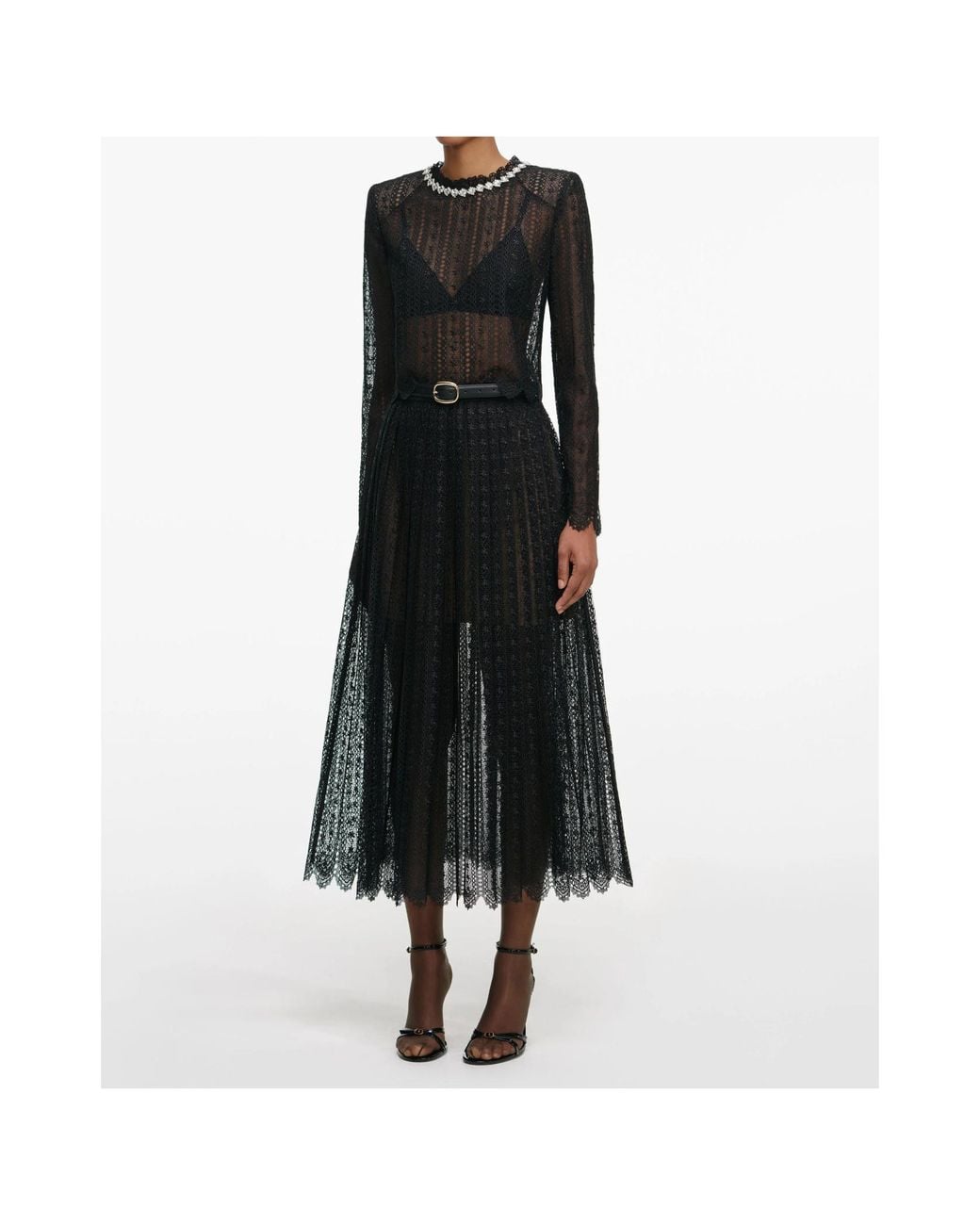 Self-Portrait Black Organza Lace Midi Skirt