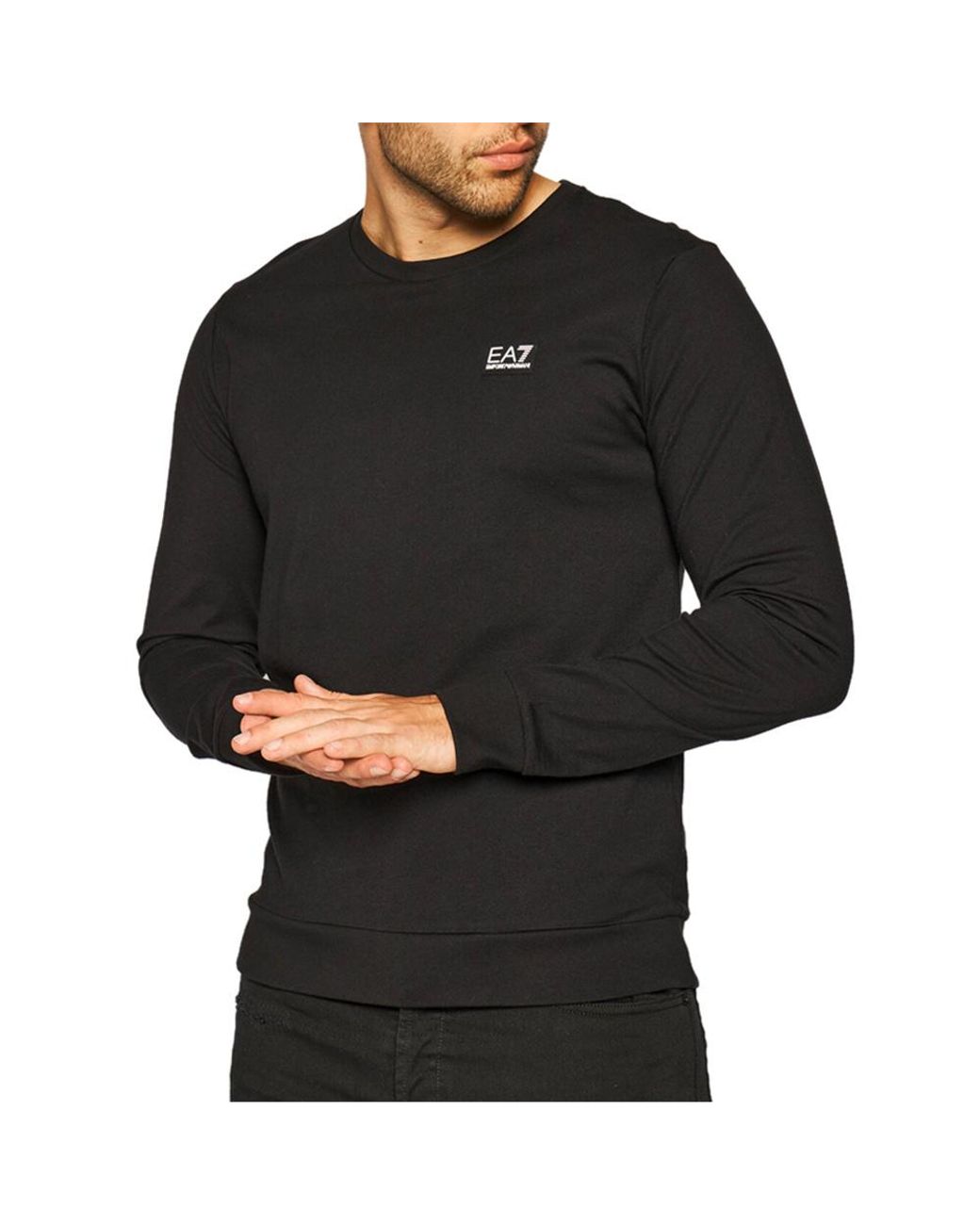 EA7 Black Round Collar Long Sleeve Sweater for men