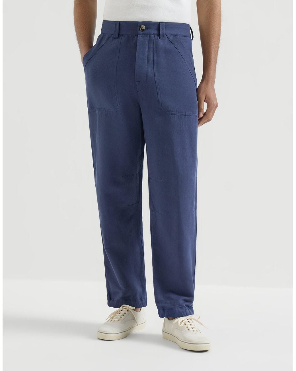 Brunello Cucinelli Blue Linen And Cotton Drill Trousers With Patch Pockets And Drawstring for men