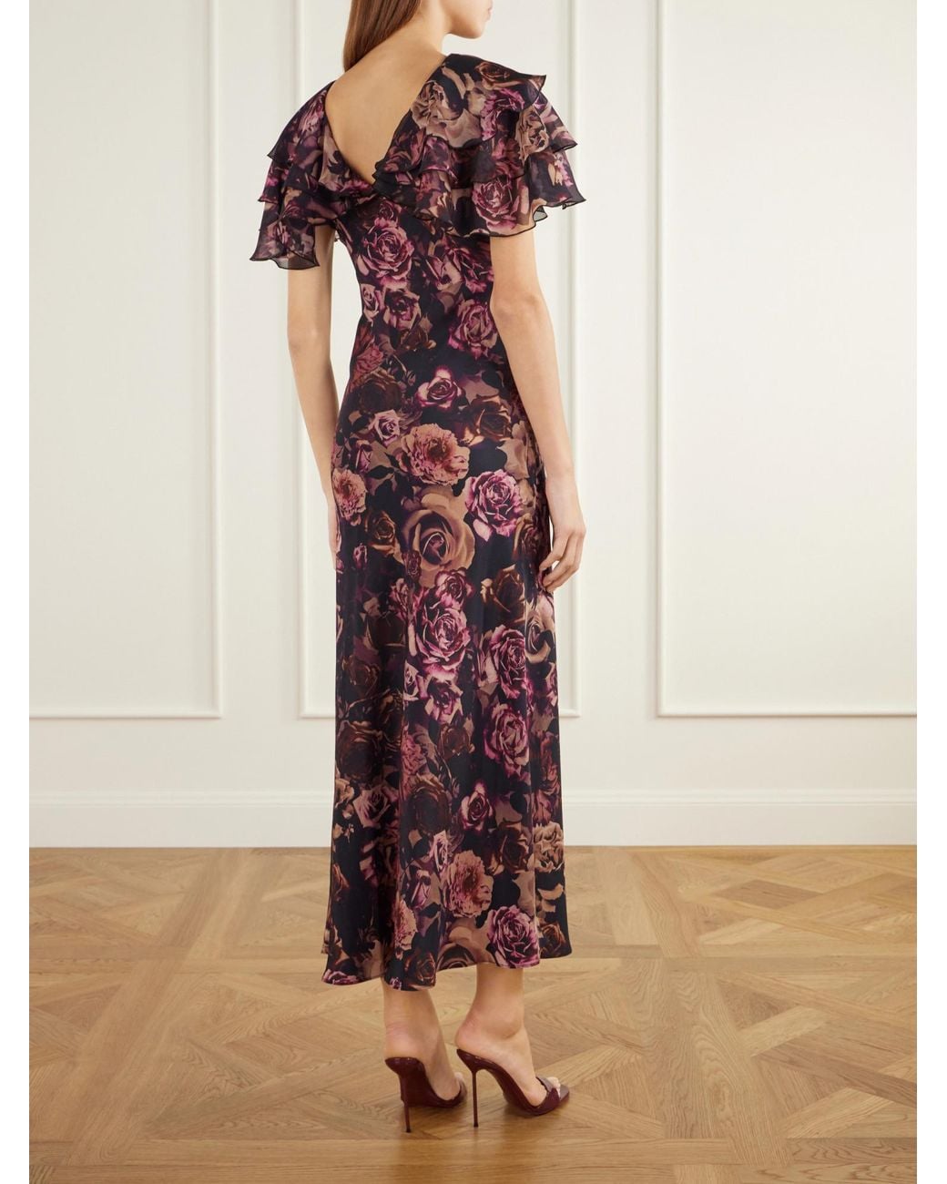 Rodarte Red Ruffled Cape-Effect Floral-Print Silk-Chiffon Maxi Dress