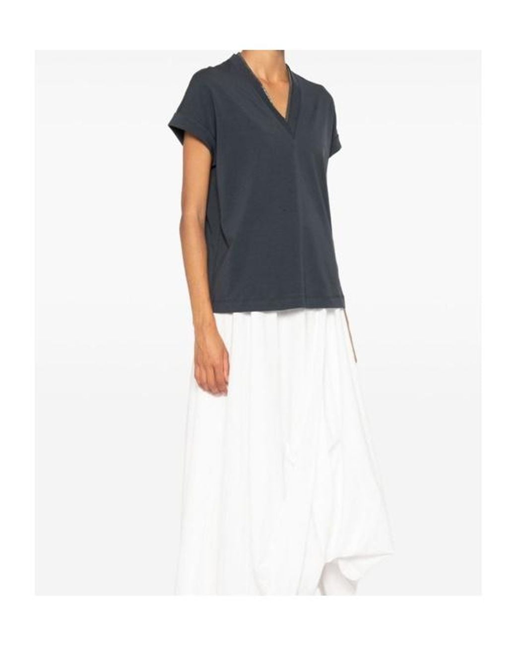 Brunello Cucinelli Blue Monili-Trim V-Neck T-Shirt