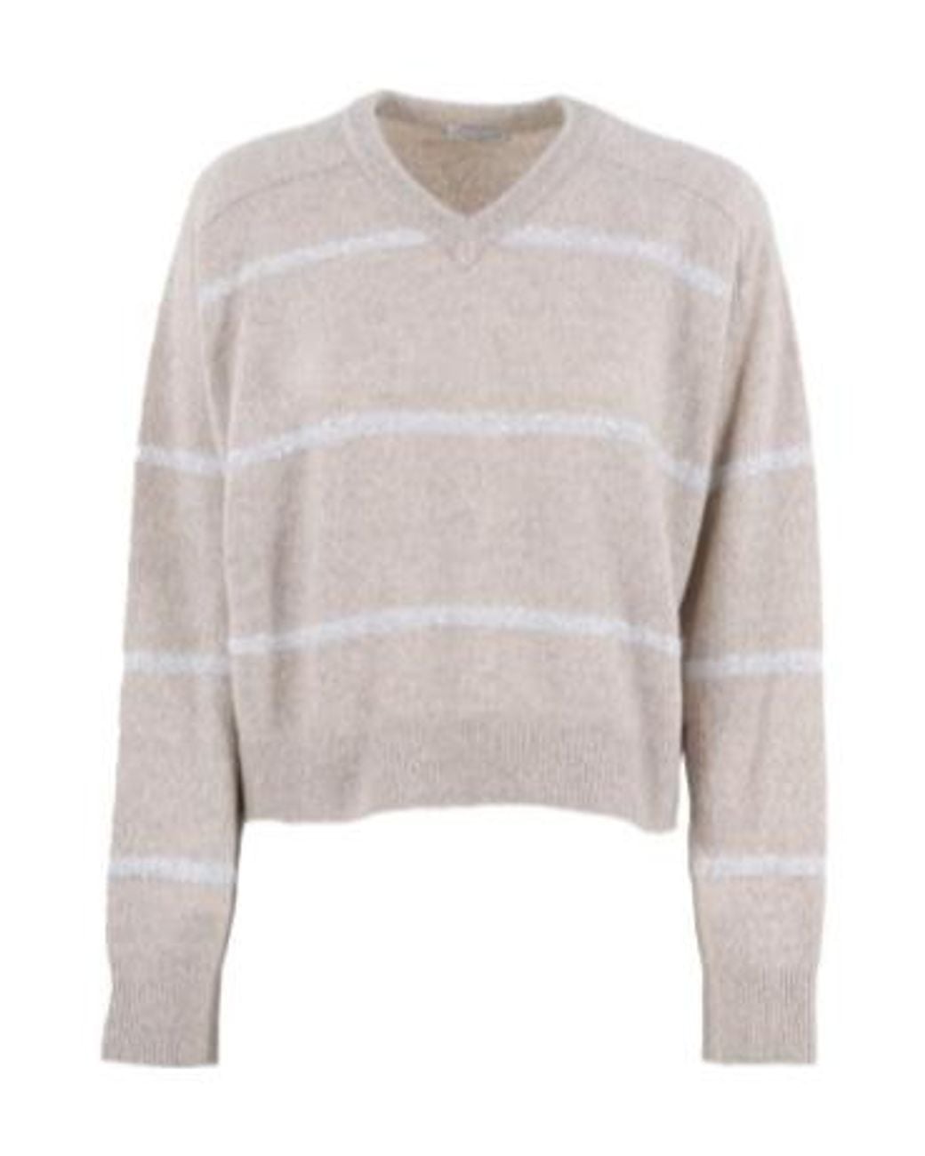 Brunello Cucinelli White Striped Sweater With Sequin Embellishment
