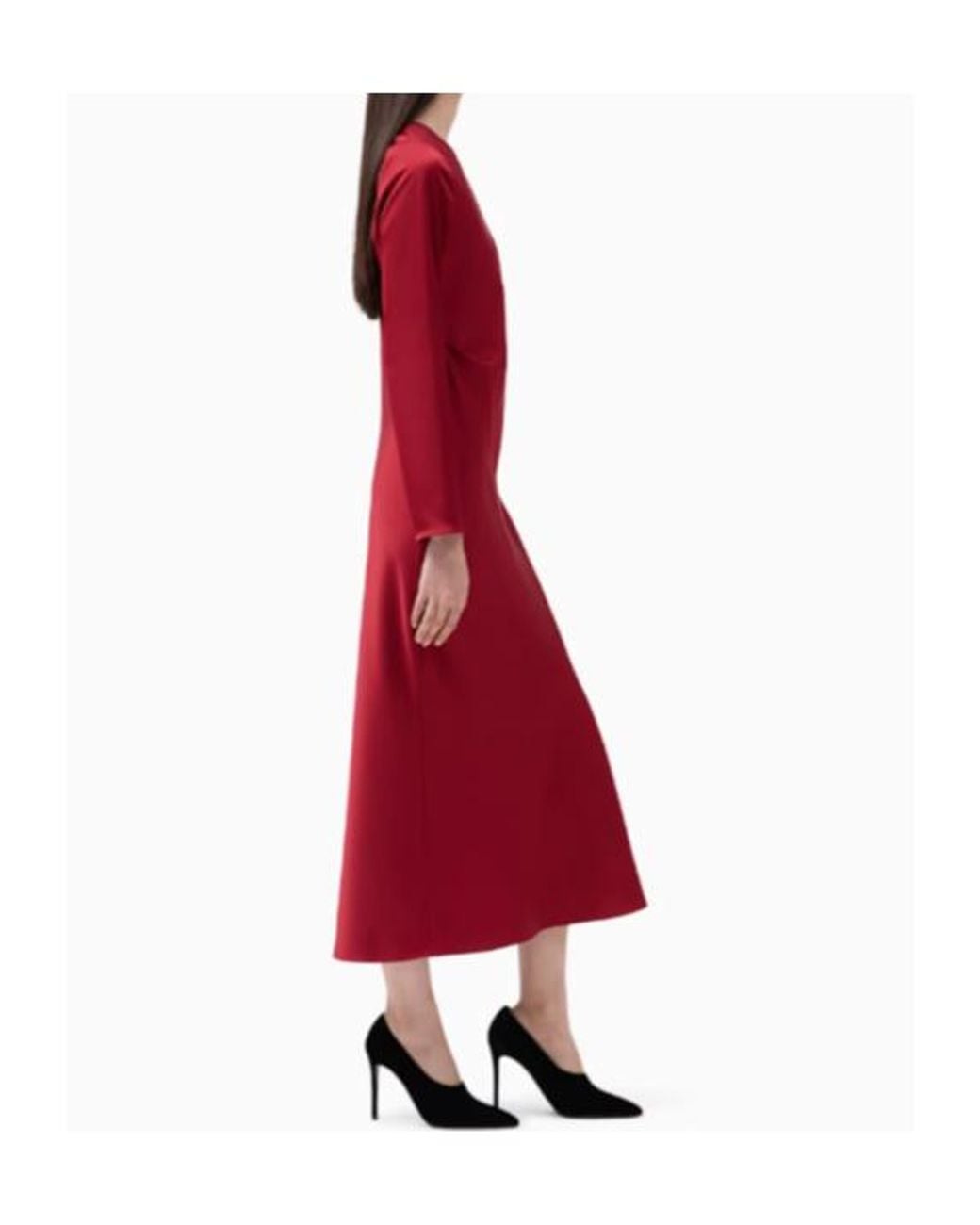 Emporio Armani Red Satin-Finish Long-Sleeve Midi Dress