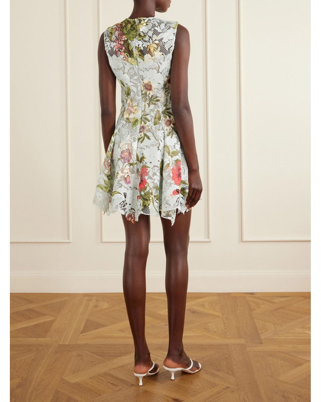 Oscar de la Renta White Floral-Print Lace Mini Dress