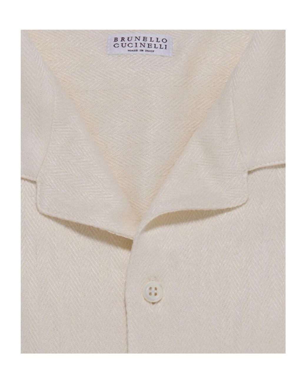 Brunello Cucinelli White Linen And Cotton Chevron Jersey Short Sleeve Shirt With Camp Collar for men