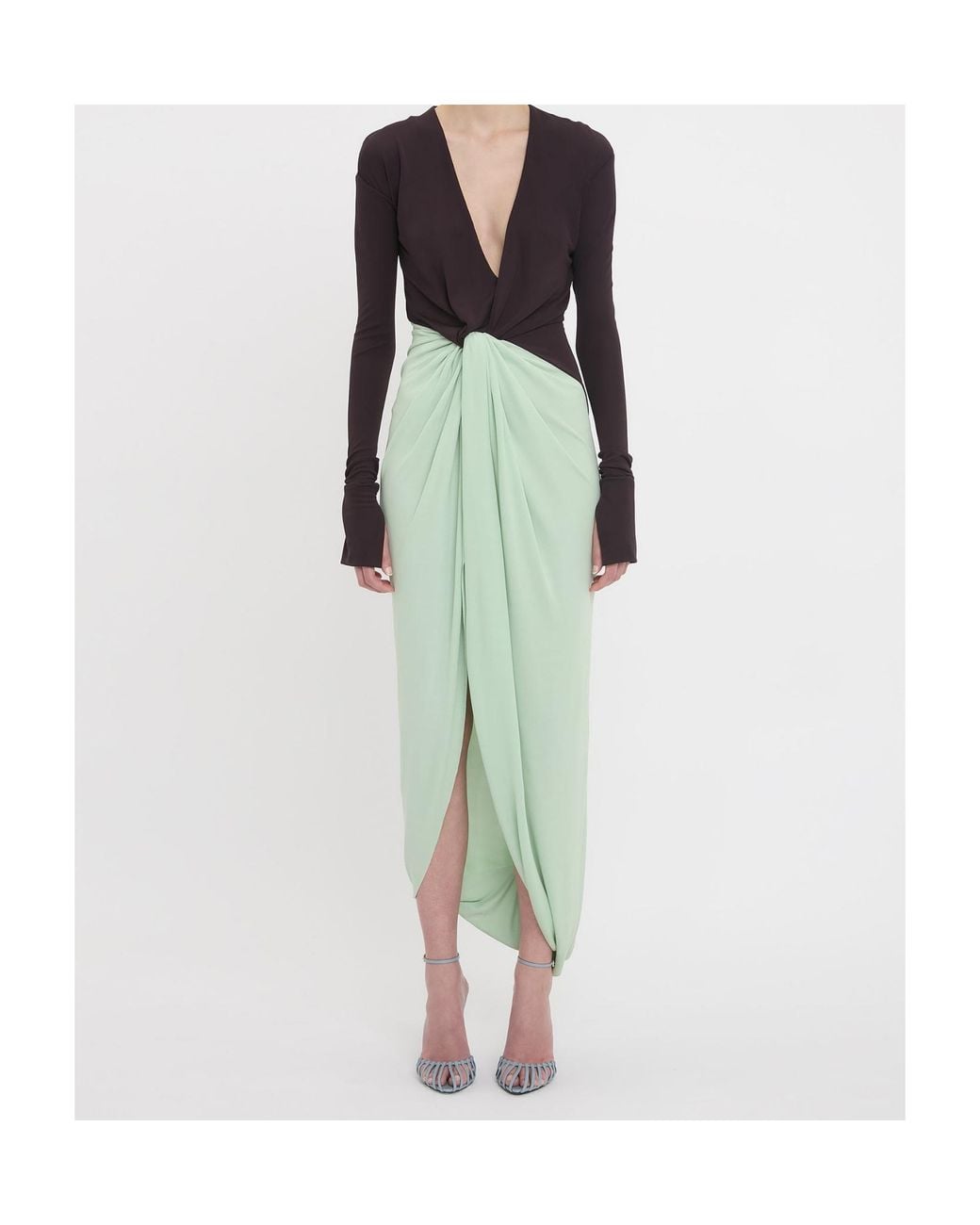 Victoria Beckham Green Long-Sleeved Knot Dress