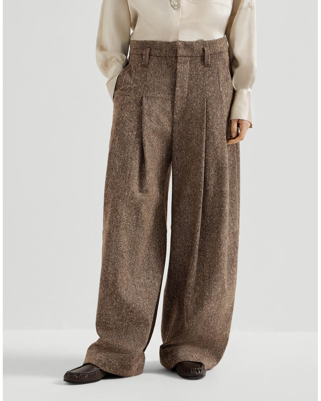 Brunello Cucinelli Natural Virgin Wool Donegal Pleated Barrel Trousers With Monili