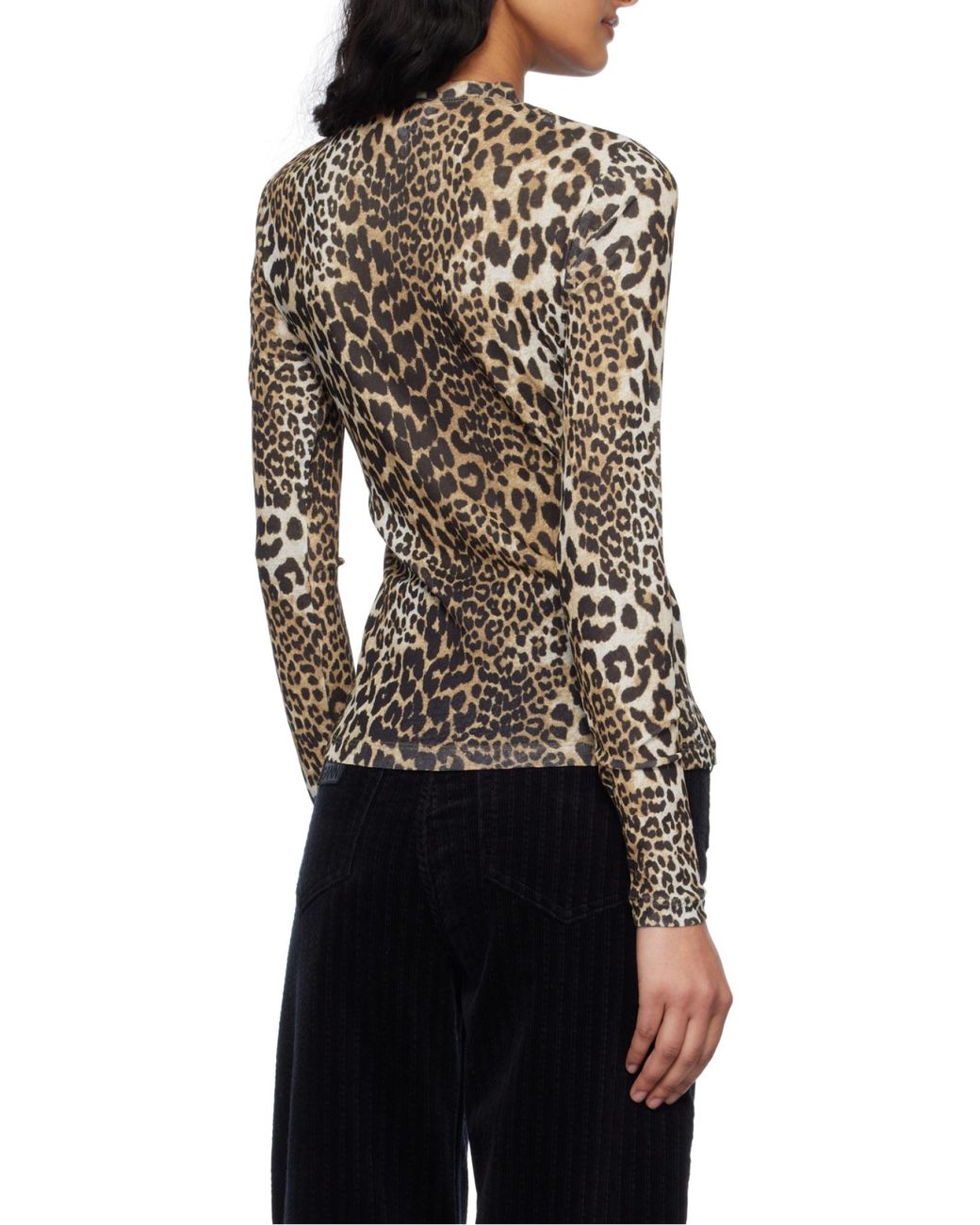Ganni Brown Leopard Printed Mesh Long-Sleeved Top
