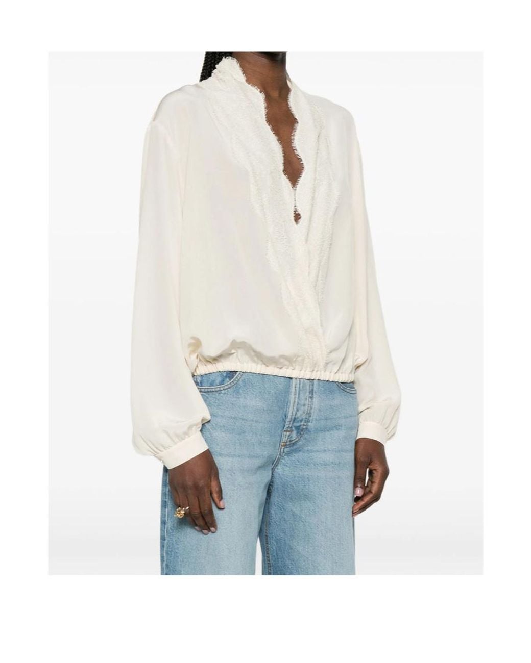 Valentino Natural Lace Neck Long-Sleeved Blouse
