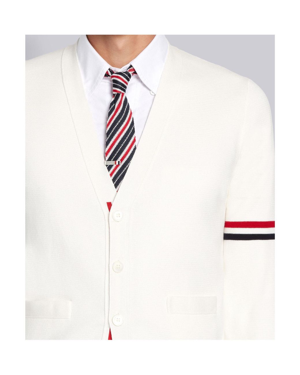 Thom Browne White Tricolour-Bar V-Neck Cardigan for men