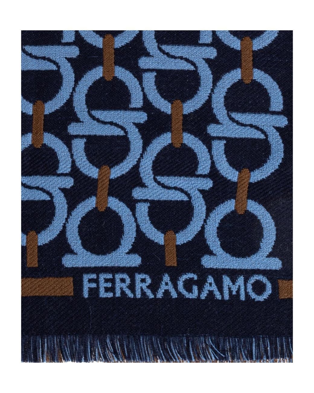 Ferragamo Blue Ferragamo Gancini Pattern Fringed Scarf for men
