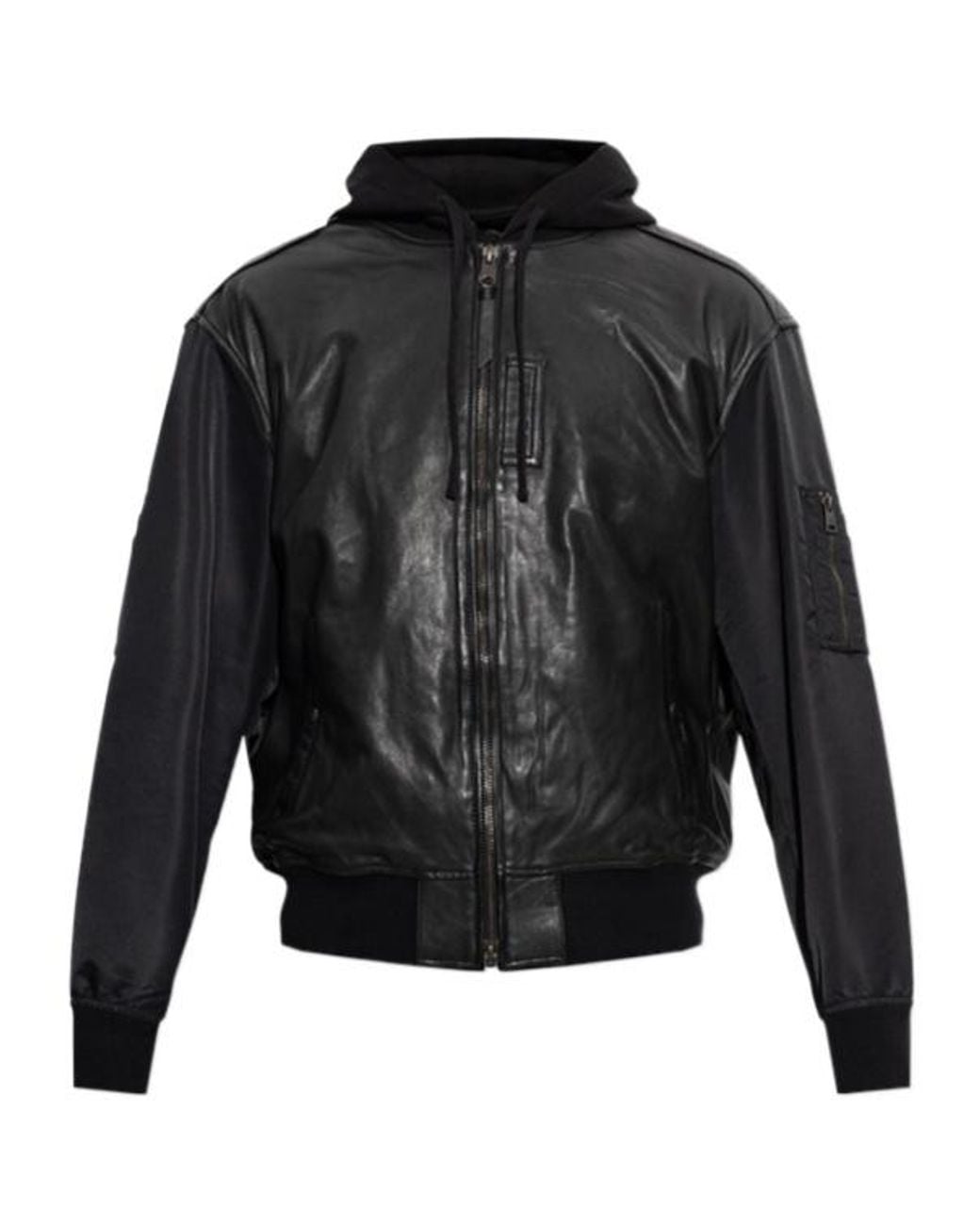 AllSaints Black Hybrid Hooded Leather Bomber Jacket for men
