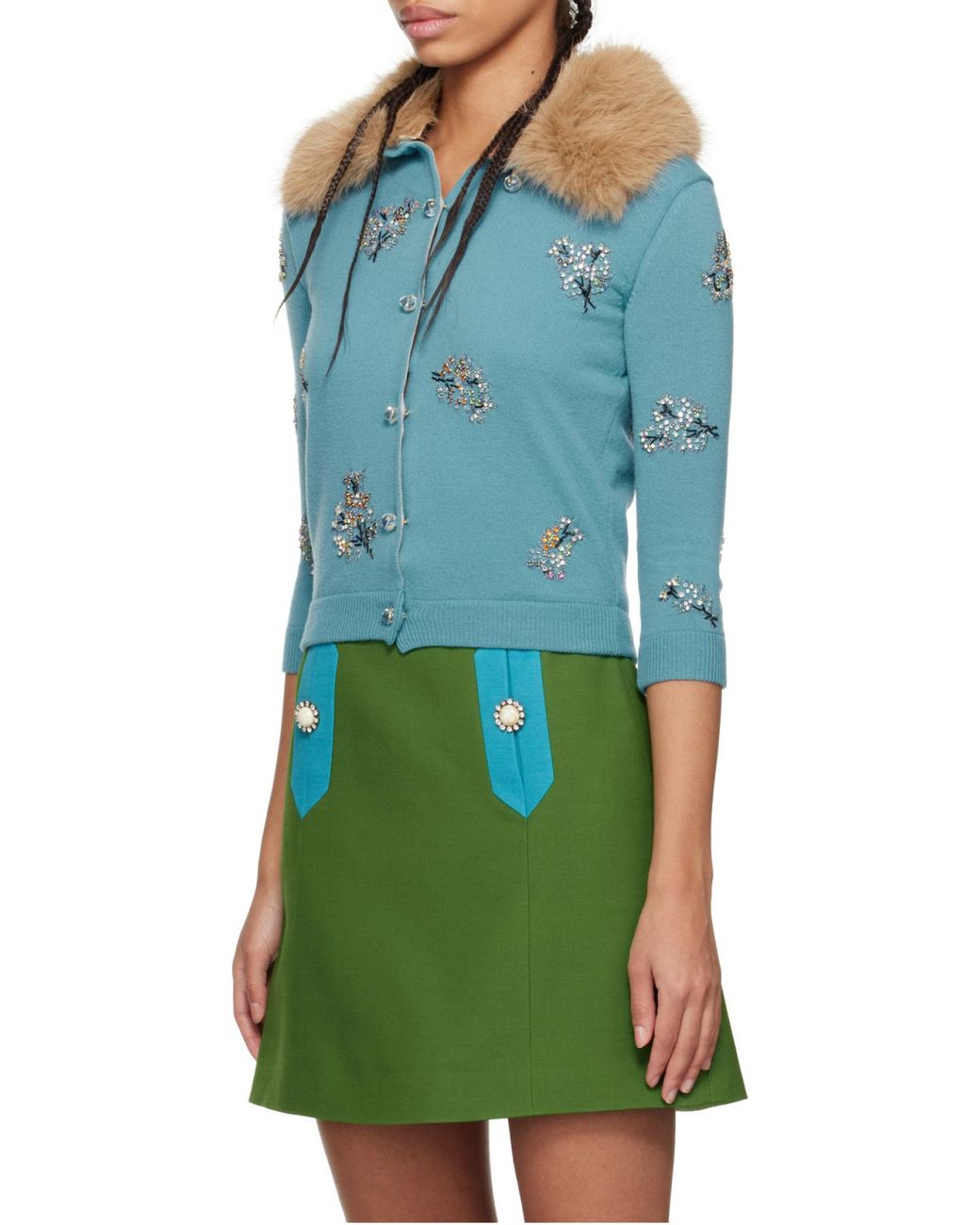 Valentino Blue Embellished Three-Quarter-Sleeved Cardigan